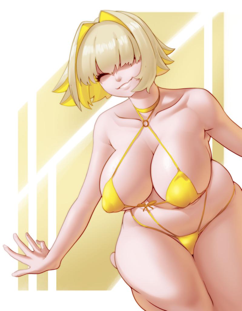 1girls, ahoge, bikini, blonde hair, breasts, chubby, chubby female, cleavage, closed eyes, elegg (nikke), female, female only, goddess of victory: nikke, grin, hair covering eyes, hair over eyes, large breasts, short hair, simple background, thick thighs, wide hips