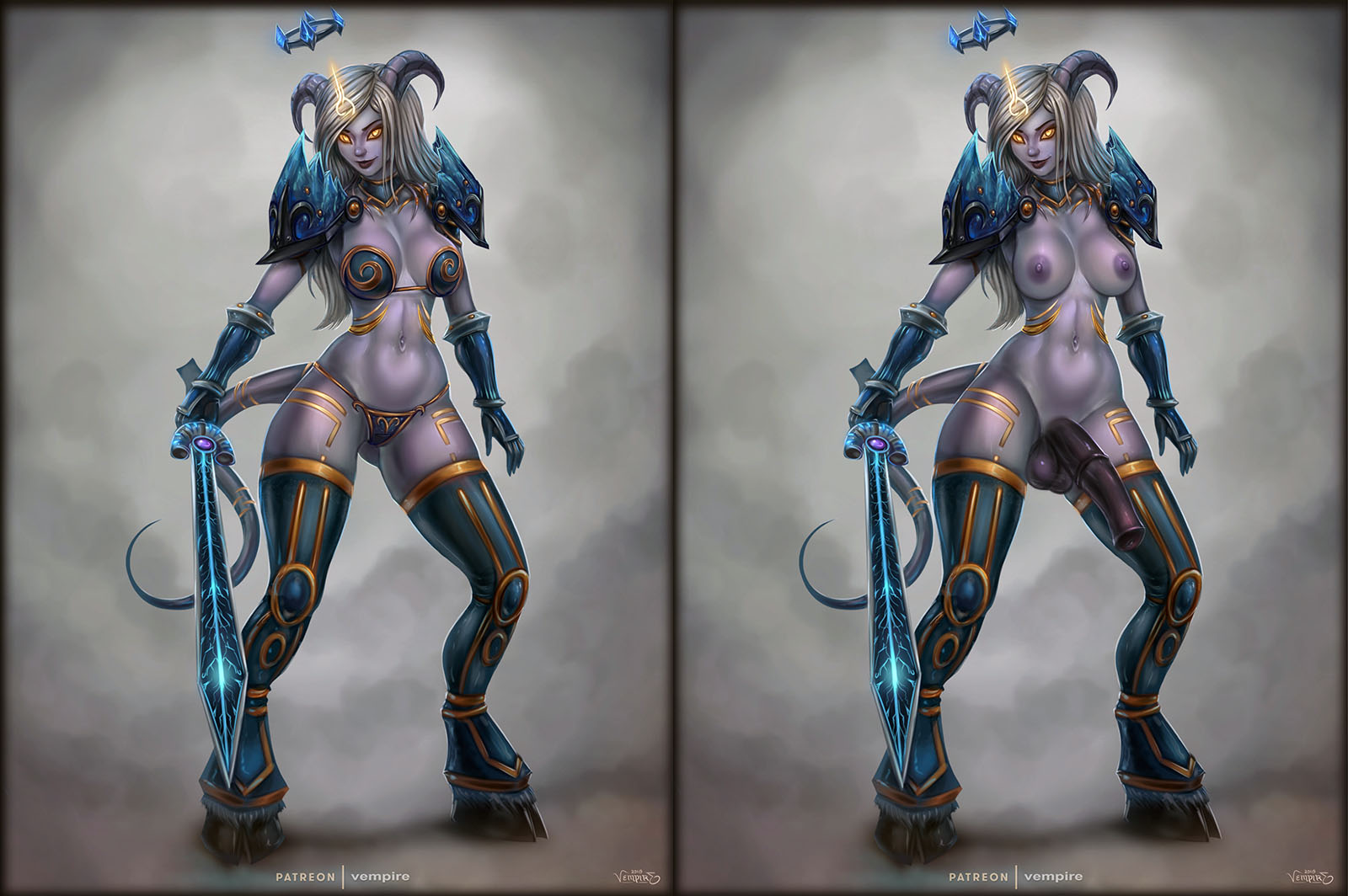 1futa, abs, animal genitalia, animal genitalia on humanoid, areolae, balls, breasts, dickgirl, draenei, erection, futa only, futanari, horsecock, horsecock on humanoid, intersex, looking at viewer, nipples, penis, solo, takata, testicles, thighhighs, vempire, white hair, world of warcraft