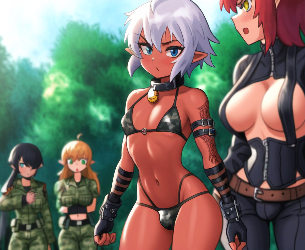 1boy 3girls 3girls1boy ai_generated androgynous army army_girl army_uniform big big_breasts bikini blush collar elf_ears femboy girly half-dressed half_naked micro_bikini military military_bikini military_uniform shiny_skin slim_waist tanned tanned_skin tattoo wide_hips