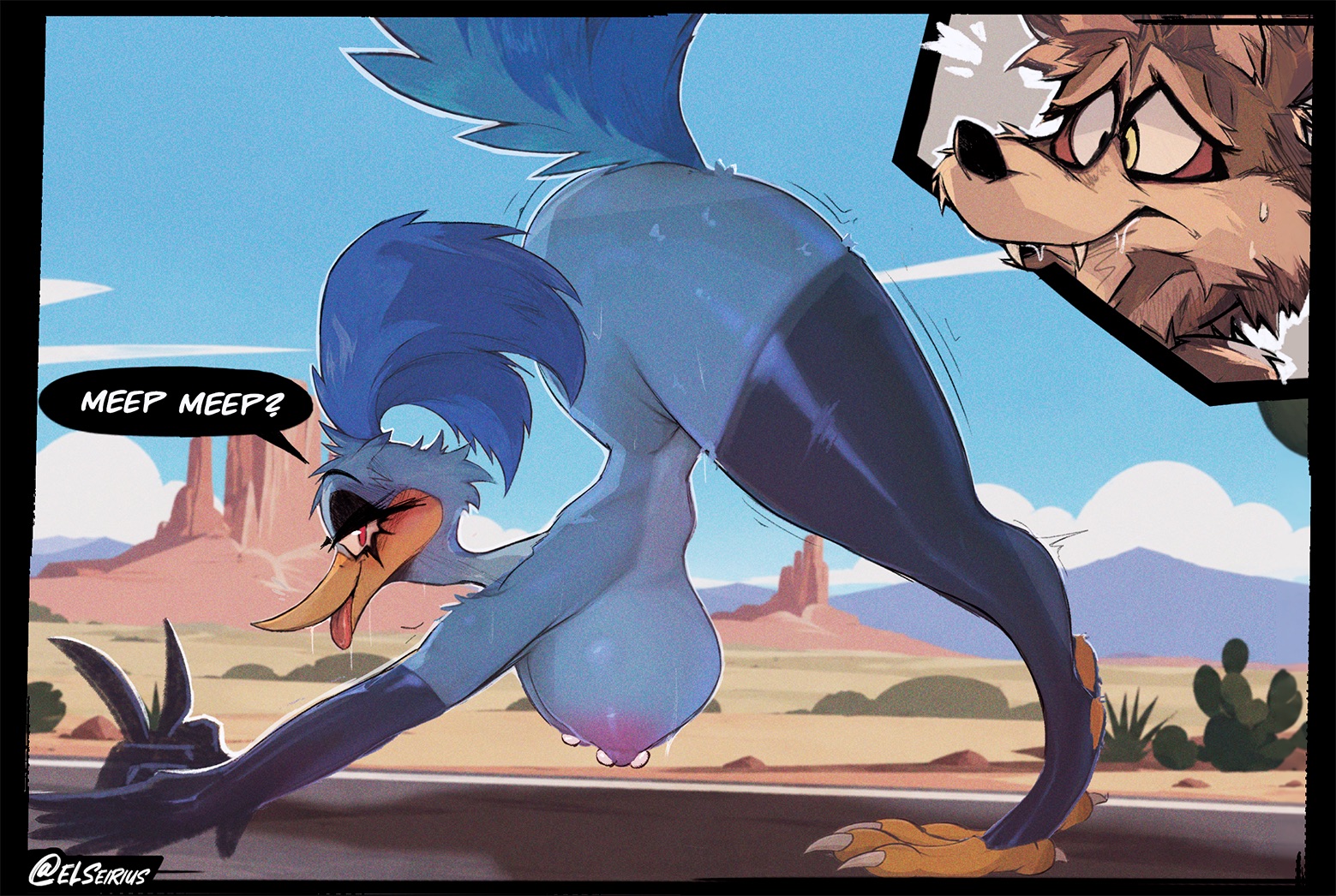 anthro, avian, big breasts, bird, blue body, bodily fluids, breasts, brown body, brown fur, butt, canid, canine, canis, coyote, crossgender, cuculiform, digital media (artwork), duo, elseirius, female, fur, hair, looking at viewer, looney tunes, male, male/female, mammal, new world ground cuckoo, nipple piercing, nipples, nude, piercing, road runner (looney tunes), roadrunner, tail, text, warner brothers, wile e. coyote