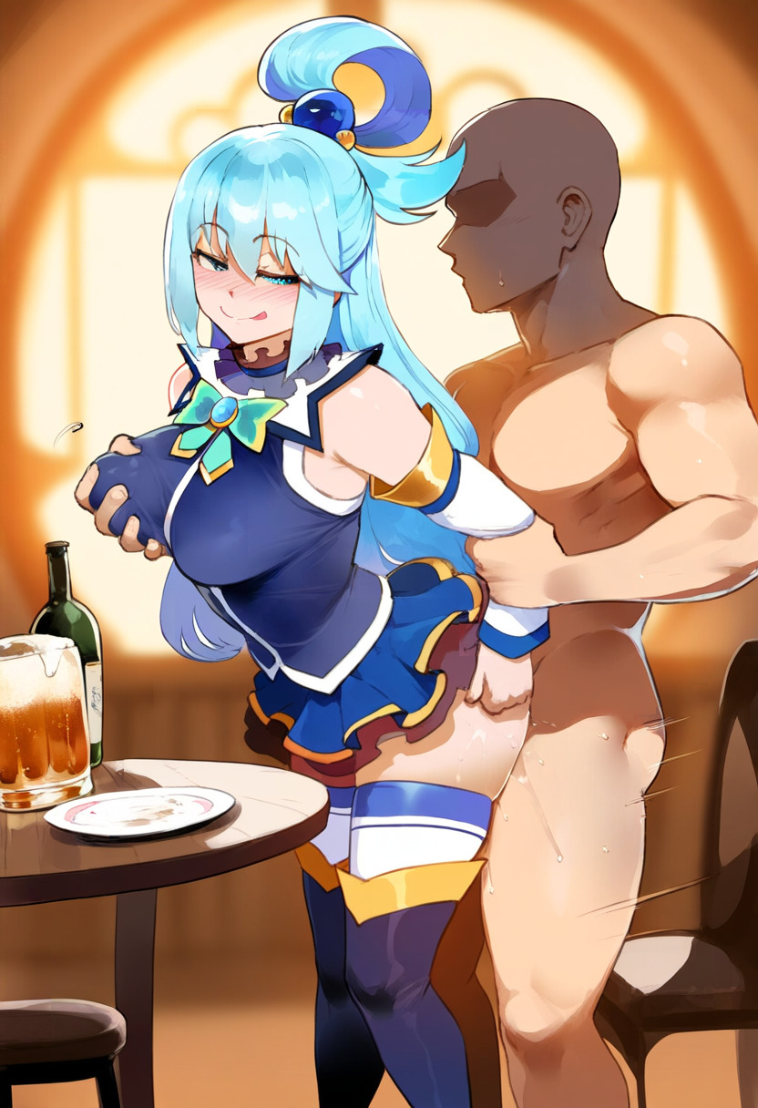 1boy 1girls ai_generated aqua_(konosuba) arm_grab blue_hair breast_grab drunk drunk_sex grabbing_another's_breast implied_sex kono_subarashii_sekai_ni_shukufuku_wo! seductive_smile sex_from_behind standing_sex thiccwithaq_(ai_style) thighhighs tittyg-ai upskirt