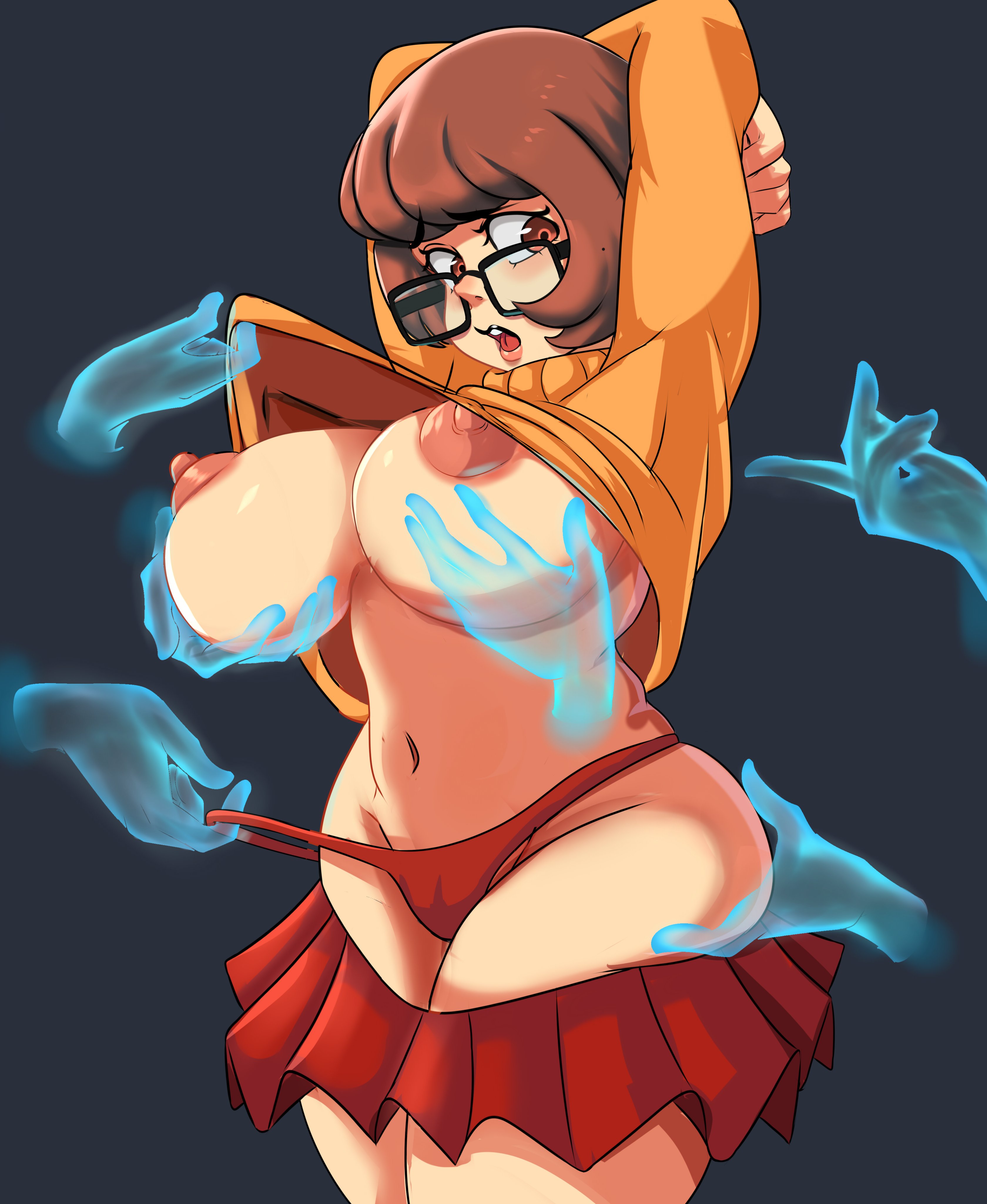 1girls, areolae, arms up, big breasts, big nipples, breasts, breasts out, brown eyes, brown hair, busty, disembodied hand, erect nipples, female, female focus, female only, fondling, ghost, glasses, grope, groping, groping breasts, groping from behind, hands behind head, hanna-barbera, hourglass figure, k1zd3, large breasts, miniskirt, navel, nerd, nerdy female, nipples, no bra, orange sweater, red panties, red skirt, scooby-doo, skirt, skirt pull, tagme, thick thighs, thong, thong pull, turtleneck, turtleneck lift, turtleneck sweater, undressed, undressing, velma dinkley, wide hips