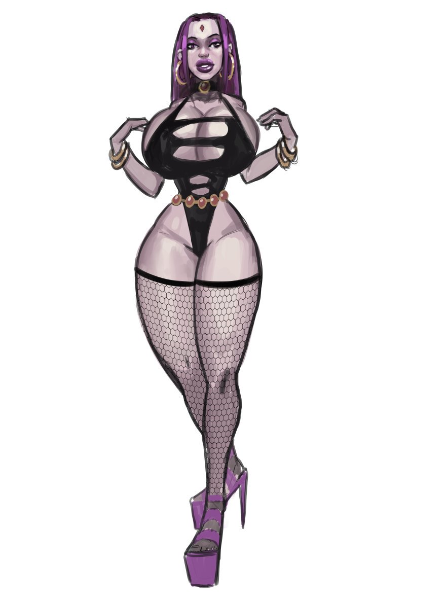 1girls, big lips, bimbo, breasts, clothed, clothing, dc, dc comics, earrings, eyeshadow, fake breasts, female, female only, fishnet stockings, fishnets, goth, high heels, hoop earrings, hourglass figure, huge breasts, large breasts, leotard, lipstick, makeup, open toe shoes, platform heels, purple eyes, purple hair, purple lipstick, rachel roth, raven (dc), silicone implants, simple background, small waist, teen titans, thick thighs, thighhighs, tight clothing, weakj, white background, wide hips
