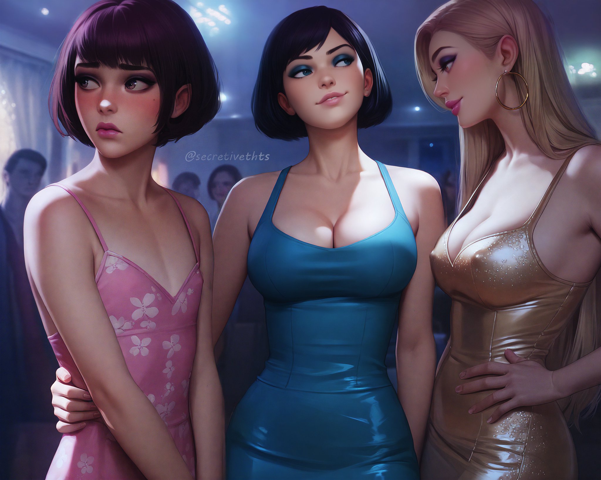 1boy, 1femboy, 2girls, ai generated, breasts, brown hair, dress, female, femboy, feminization, flat chest, maia (caught), maia secretivethoughts, male, nervous, nipples visible through clothing, party, secretivethoughts (artist), short hair, sissification, sissy, tight clothing