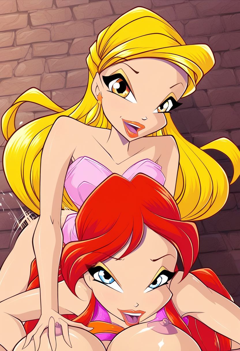 3girls 4kids_entertainment ai_generated amber_eyes bloom_(winx_club) blue_eyes dickgirl doggy_style futa_on_female futanari moaning_in_pleasure nickelodeon point_of_view rainbow_(animation_studio) sex stella_(winx_club) winx_club yuri zfivefan