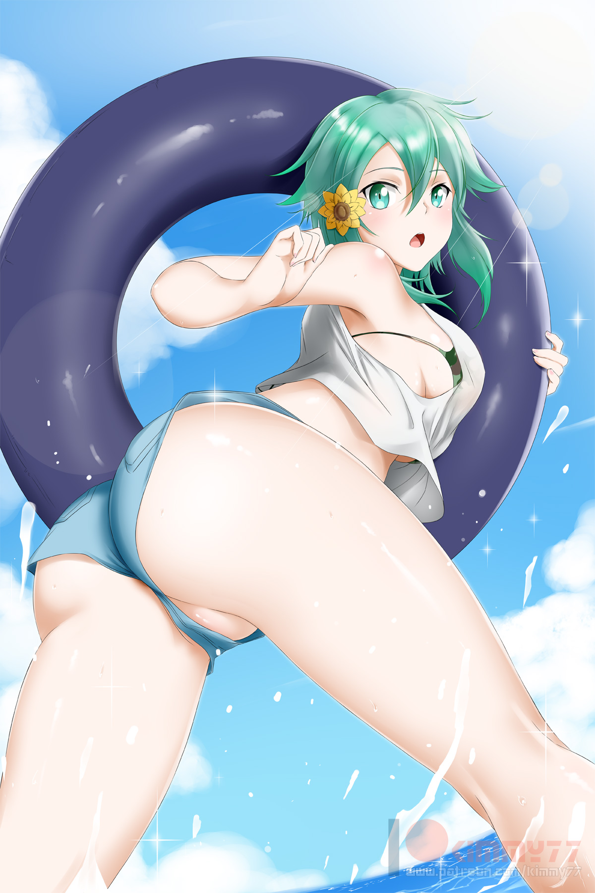 1girls, asada shino, ass, breasts, cleavage, female, female only, gun gale online, kimmy77, looking at viewer, looking back, sinon, solo, sword art online