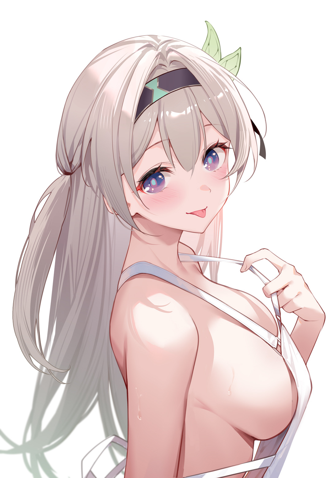:p, artist request, blush, breasts, cute, female, firefly (honkai: star rail), honkai: star rail, large breasts, naked apron, pulled by self, sideboob, simple background, sweat, tease, teasing, upper body, white background