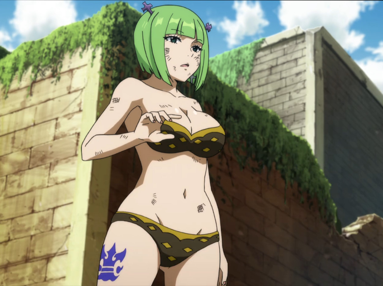 1girls, alvarez empire mark, arm at side, bangs, bare arms, bare legs, bare shoulders, bikini, blue tattoo, blunt bangs, brandish mew, breasts, cleavage, collarbone, day, dirty, eyebrows visible through hair, fairy tail, female, female only, green eyes, green hair, green-haired female, hand up, horns, injury, large breasts, leg tattoo, legs, midriff, nail polish, navel, neck, open mouth, outdoors, screencap, short hair, solo, standing, strapless, strapless bikini, strapless swimsuit, swimsuit, tattoo