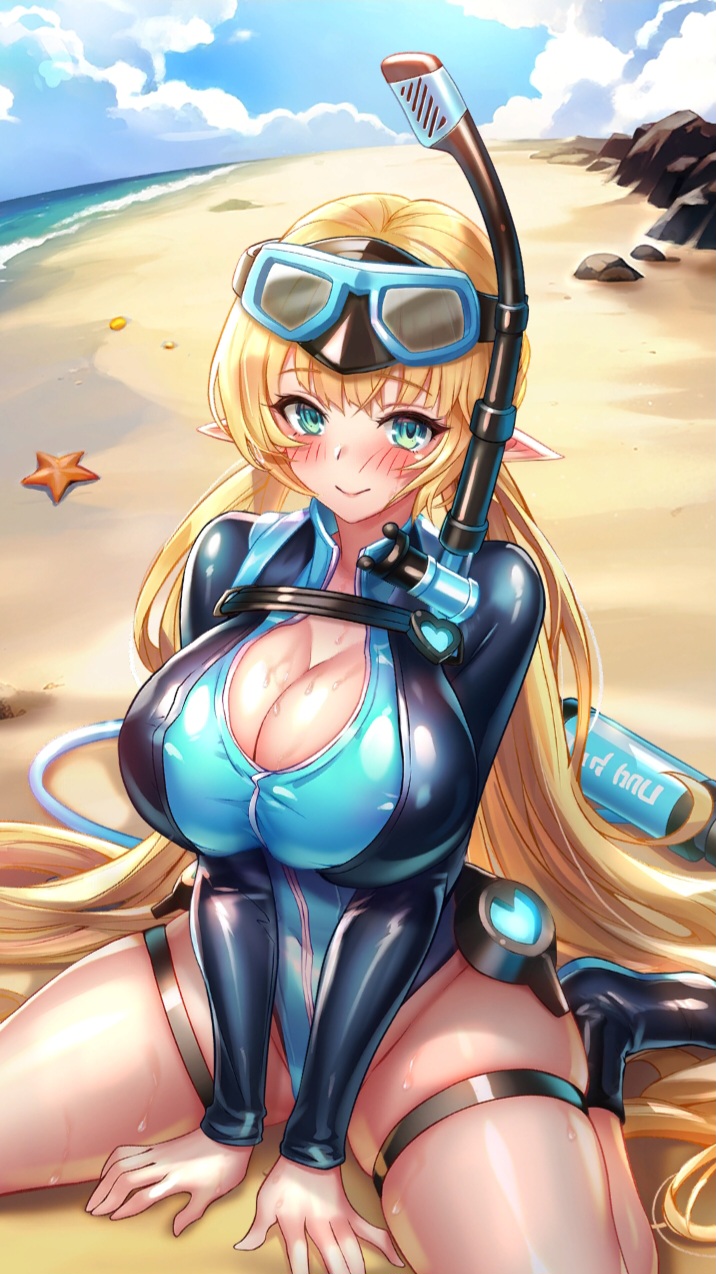 astarte_(project_qt) blonde_hair elf_girl huge_breasts long_hair nutaku on_knees project_qt swimsuit thick_thighs