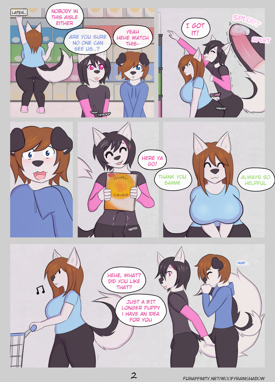 ! anthro ass audrey_(woofyrainshadow) blue_eyes blush breasts bulge canid canine canis cereal clothing comic countershade_tail countershading cute_fangs dialogue domestic_dog ears_up english_text erection female fluffy fluffy_tail food furaffinity_username grocery_store happy hi_res husky long_tail male mammal musical_note nordic_sled_dog open_mouth page_2 penis penis_outline pink_eyes precum sammi_(woofyrainshadow) shirt spitz tongue tongue_out topwear woofy_(woofyrainshadow) woofyrainshadow young