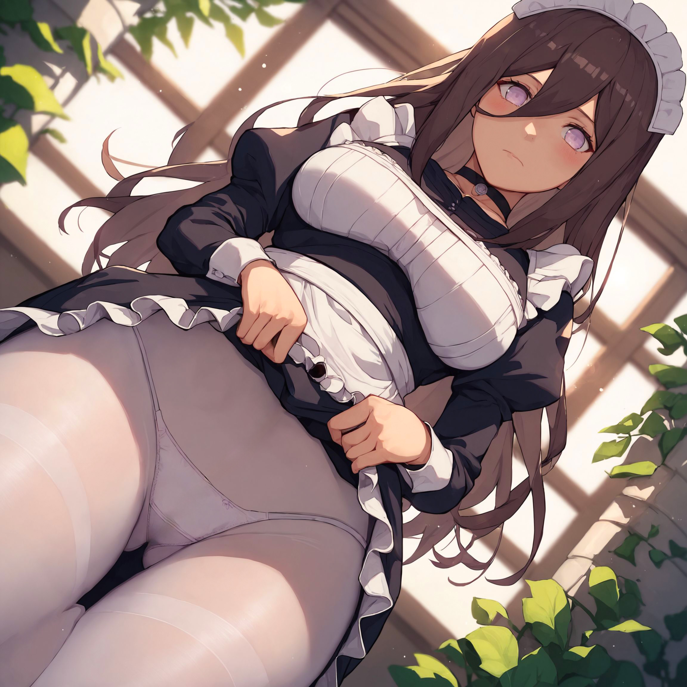 1girls, 2d, 2d (artwork), ai generated, alex-schura, apron, arm support, bare chest, bare midriff, big breasts, boruto: naruto next generations, bra, breasts, brown hair, cleavage, curvaceous, curvy, curvy body, curvy female, curvy figure, dress lift, embarrassed, female, from below, highres, hyuuga hanabi, invitation, inviting, inviting to sex, large breasts, legwear, lifted by self, lingerie, looking at viewer, maid, maid apron, maid uniform, midriff, nai diffusion, naruto, naruto (series), panties, pantyhose, pantyshot, pantyshot (standing), pinup, presenting, presenting self, revealing clothes, smile, solo, solo focus, stable diffusion, standing, transparent, transparent clothing, underwear, viewed from below, violet eyes, voluptuous, wide hips