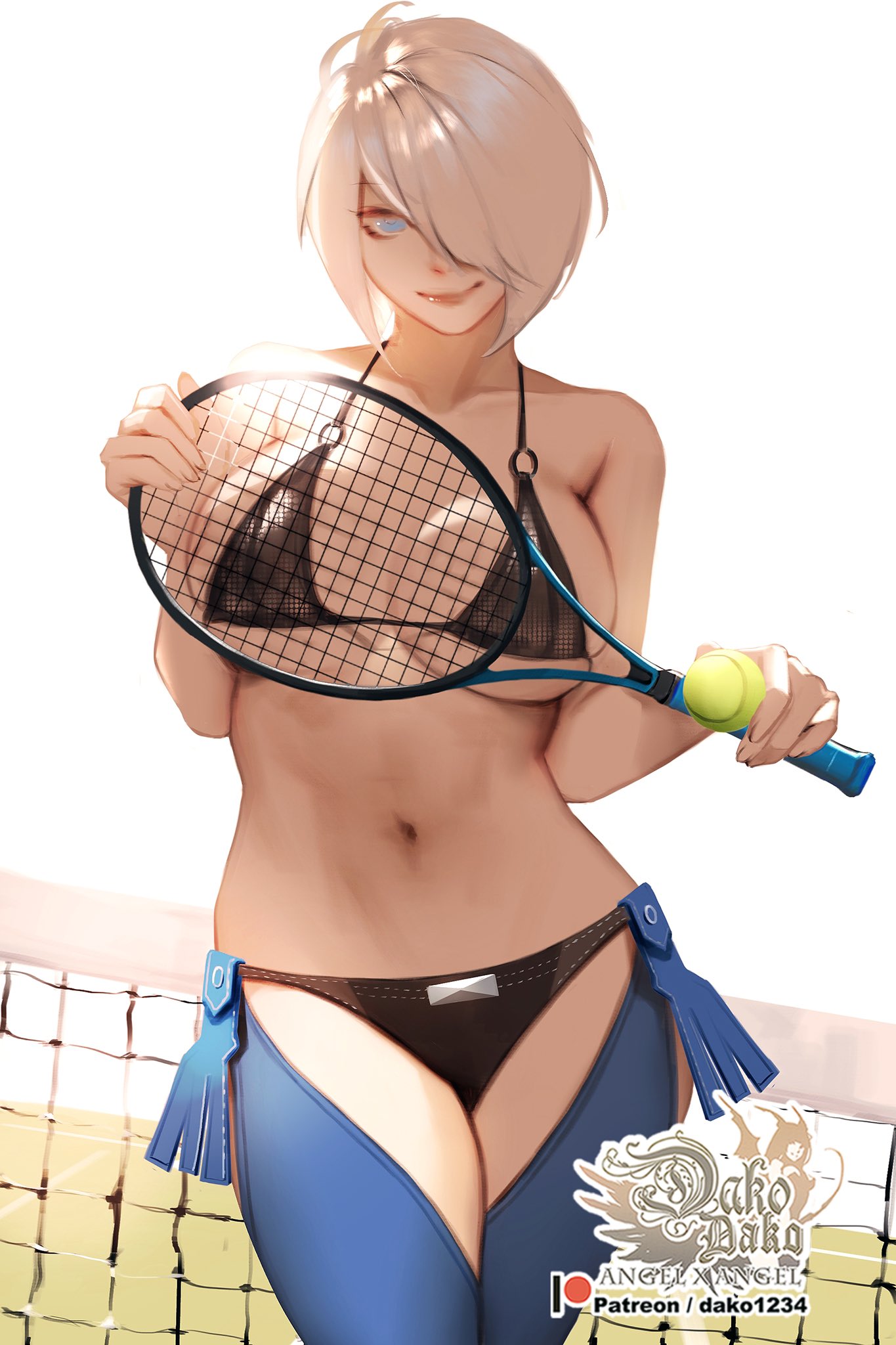 1girls angel_(kof) female female_only hu_dako king_of_fighters light-skinned_female light_skin solo tagme tennis tennis_ball tennis_racket white_hair