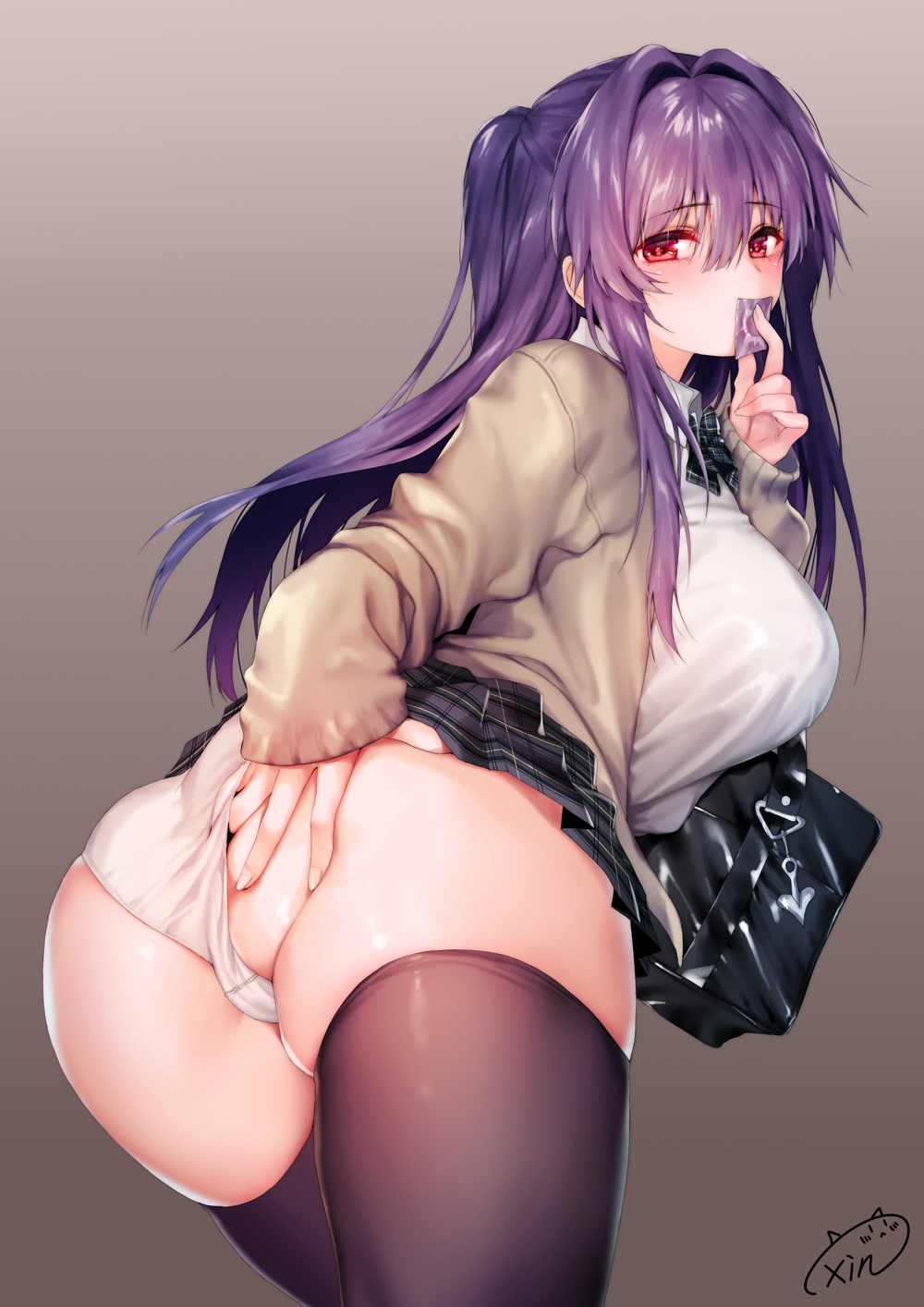 1girls, ass, black legwear, black thighhighs, cardigan, condom wrapper, female, female only, hand on ass, legwear, lifted by self, long hair, looking at viewer, looking back, obiwan, original, panties, plaid, plaid skirt, pleated skirt, school uniform, schoolgirl, shirt, skindentation, skirt lift, solo, thighhighs, white panties, white shirt