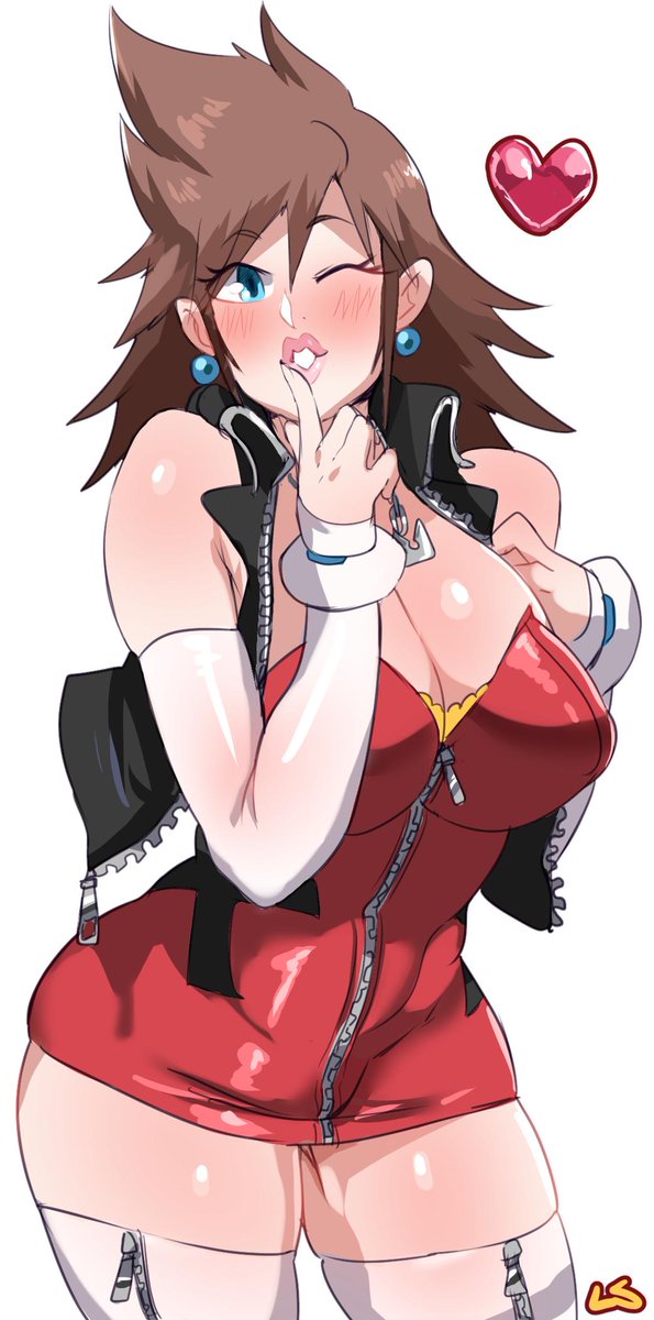 1girls, armwear, blue eyes, breasts, brown hair, busty, cleavage, disney, earrings, eyebrows, fan character, female, human, jacket, jewelry, kingdom hearts, legwear, lightsource, lipstick, long hair, milf, necklace, neckwear, open mouth, outerwear, solo, solo female, sora's mom, spiky hair, square enix, wink, winking, winking at viewer, zipper
