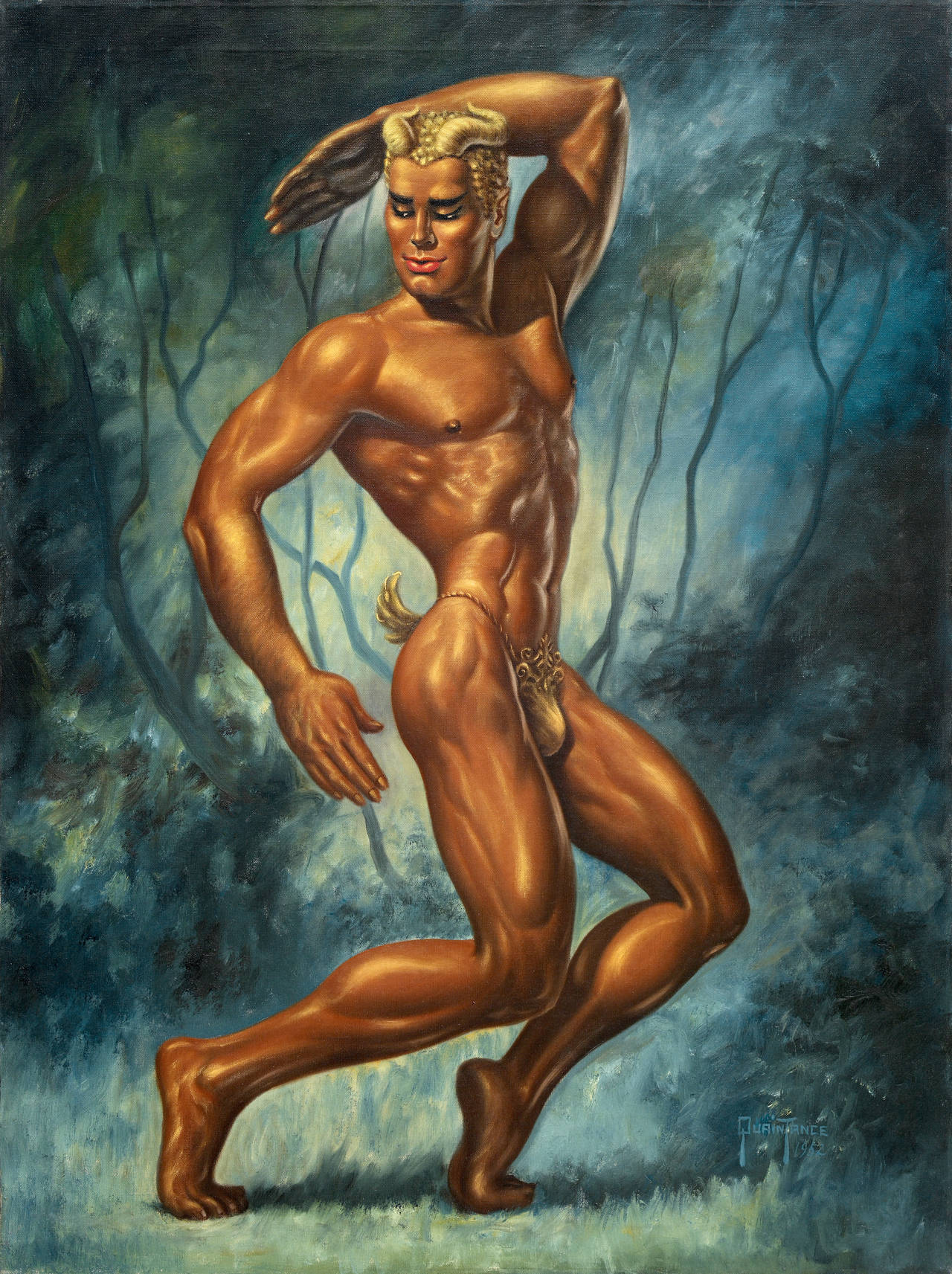 1950s 1952 1boy 20th_century 50s bulge george_quaintance gold_hair horns male male_only muscular outdoors painting plump_lips pose quaintance solo_male tanned thong toned twink