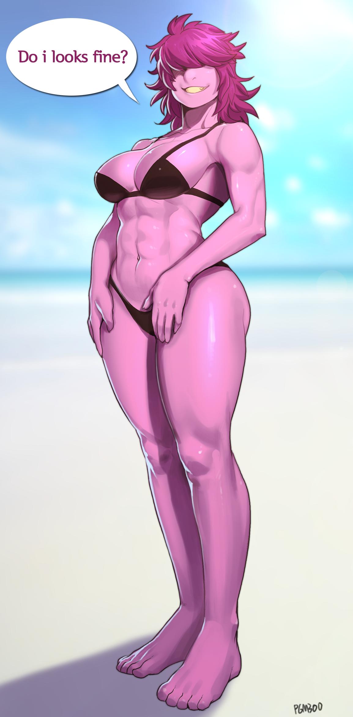 1girls abs anthro armpits barefoot belly bikini breasts cleavage clothed deltarune feet female female_only grin hair_over_eyes looking_at_viewer muscular muscular_female navel pgm300 purple_hair purple_skin scalie schewiener smile solo speech_bubble standing susie_(deltarune) teeth text toes watermark wide_hips