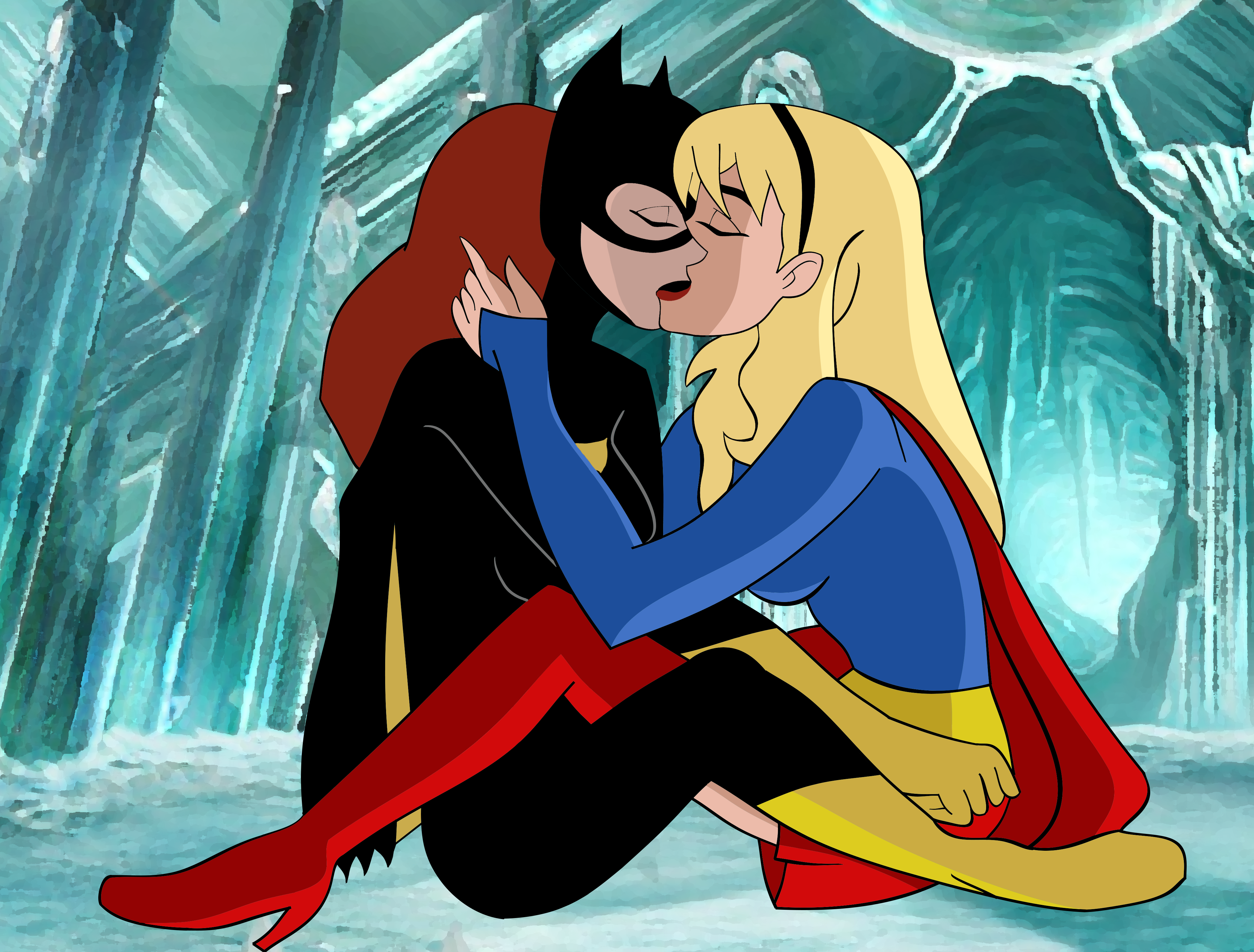 2girls, barbara gordon, batgirl, batgirl (barbara gordon), dc, dc comics, dcau, female, female only, fortress of solitude, fully clothed, kara danvers, kara zor-el, kissing, multiple females, multiple girls, supergirl, superman (series), tagme, unknown artist, yuri