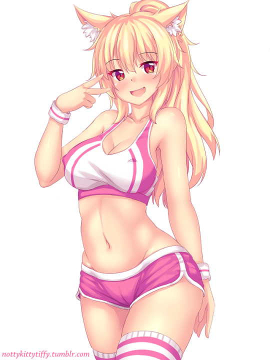 1girls, animal ears, big breasts, blonde hair, breasts, cat ears, cat girl, catgirl, female, female only, long hair, red eyes, ribbon, short shorts, shorts, smile, solo, thighhighs, tiffy, tiffynyaa, wristband, wristbands