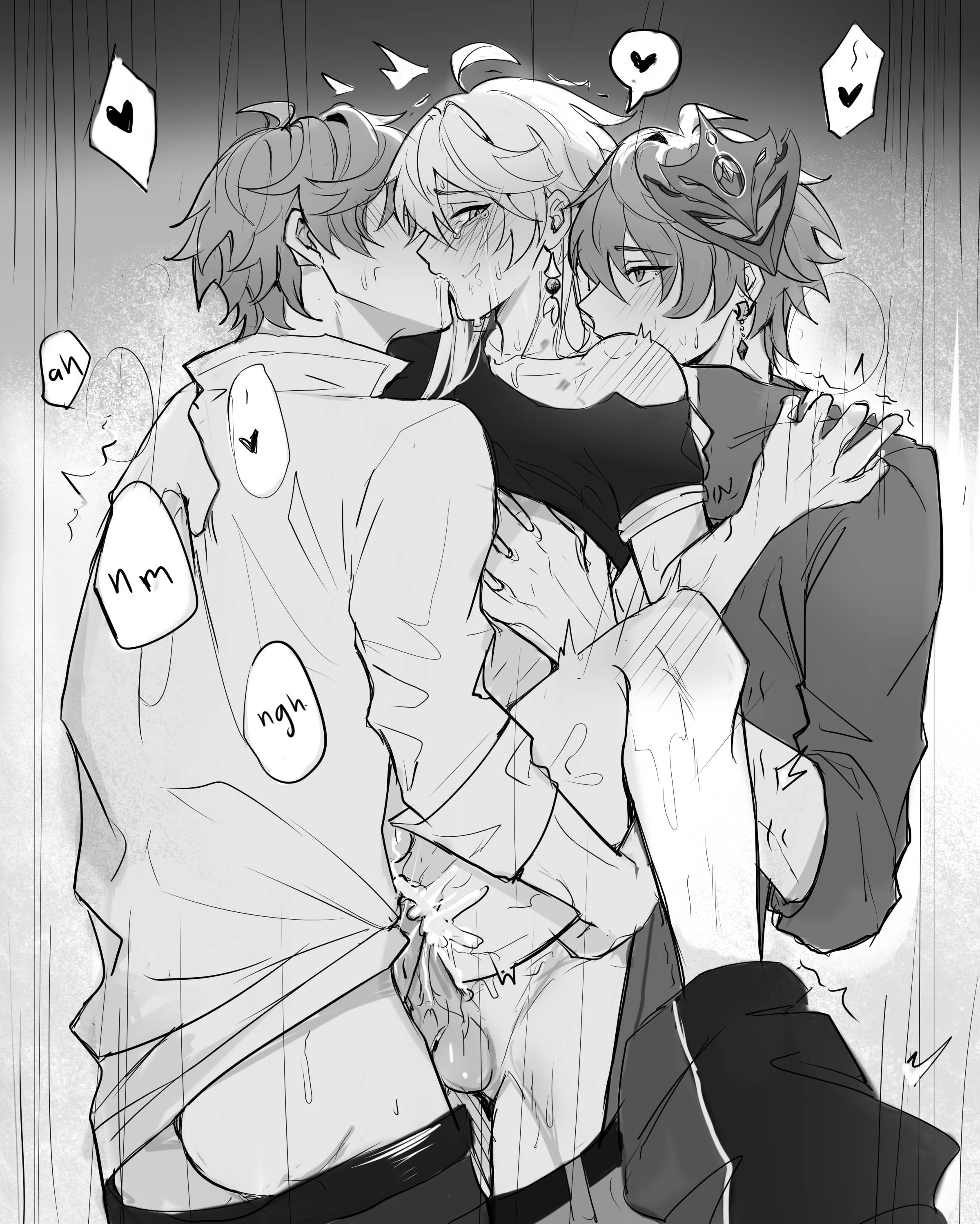 3boys, aether (genshin impact), childe (genshin impact), cum, cum inside, double penetration, femboy, gay, genshin impact, male, male only, penetration, saliva, tartaglia (genshin impact), threesome