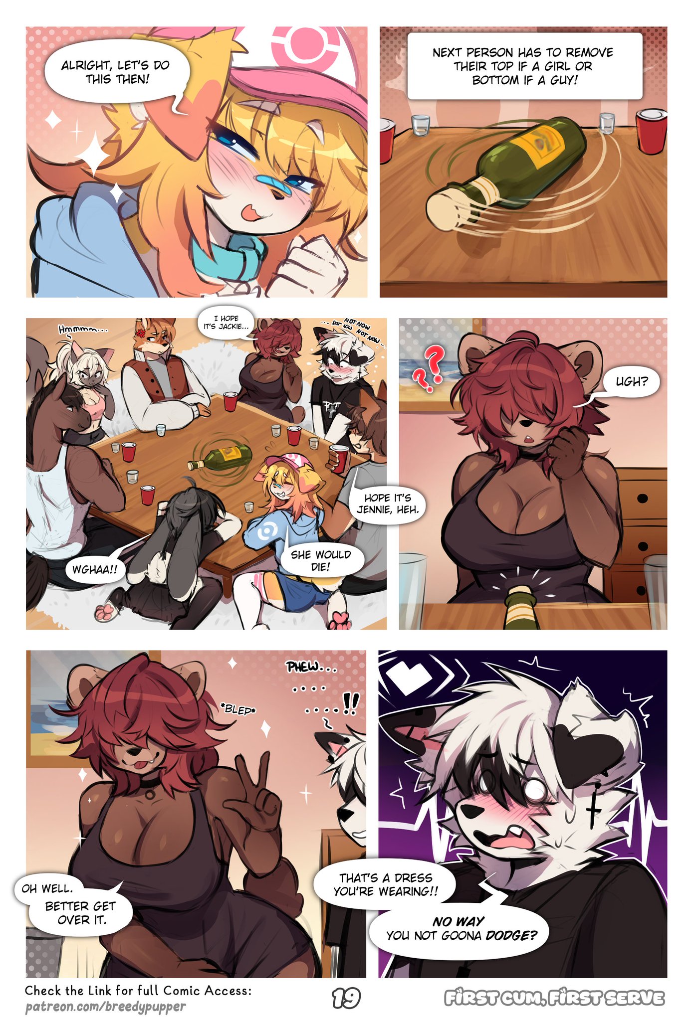 6koma, absurd res, anthro, bear, becca (breedypupper), black dress, blue (breedypupper), breasts, breedypupper, canid, canine, canis, cleavage, comic, dialogue, domestic dog, drax (breedypupper), dress, english text, equid, equine, female, hi res, horse, imminent stripping, imminent undressing, jackie (breedypupper), jennie (breedypupper), lagomorph, large breasts, leporid, magnus (breedypupper), male, mammal, party, rabbit, spin the bottle, stacy (breedypupper), text, tyler (breedypupper), url