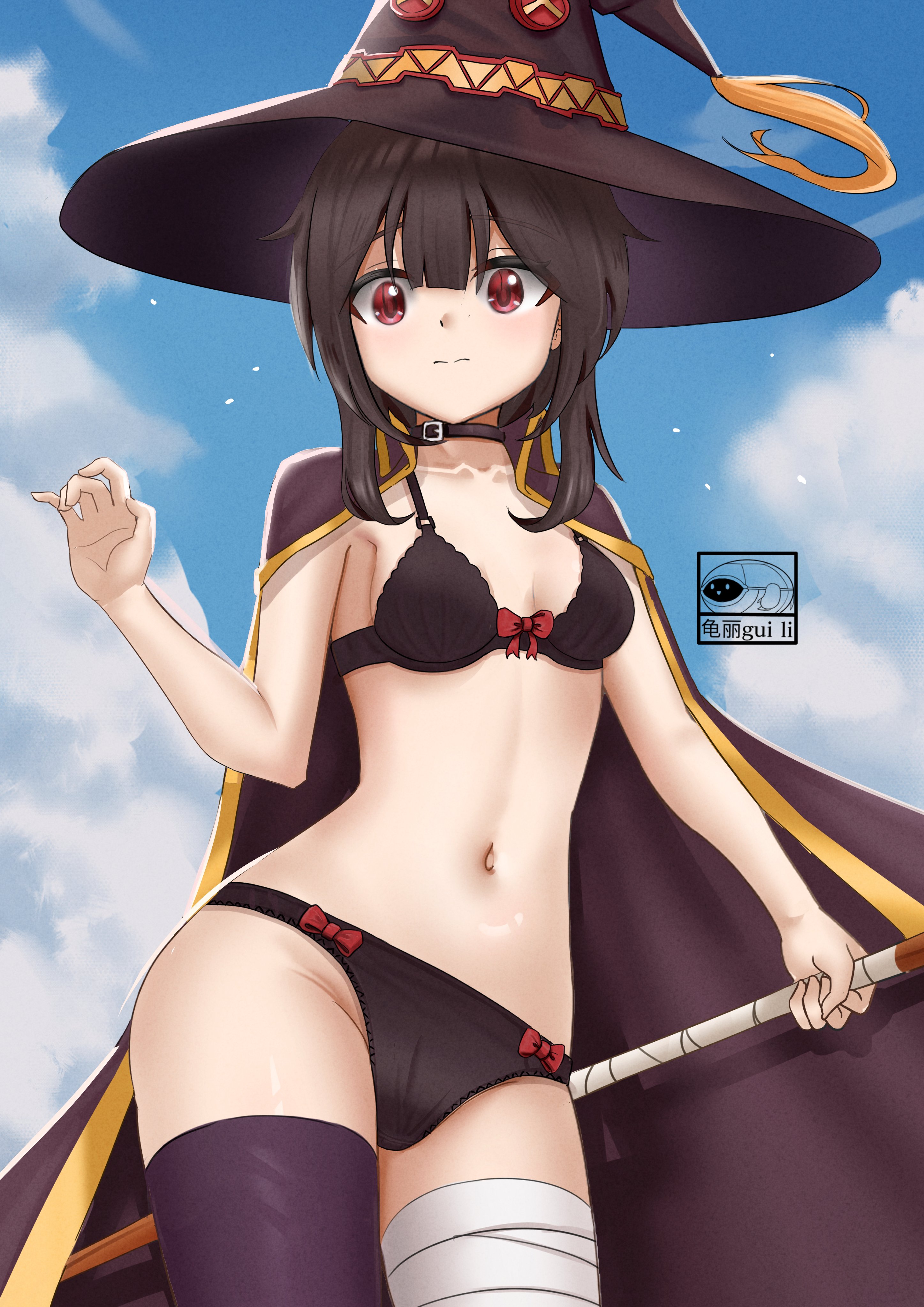 1girls, almost naked, almost nude, bare arms, bare belly, bare chest, bare hands, bare hips, bare midriff, bare navel, bare skin, bare torso, belly, belly button, black bra, black choker, black legwear, black panties, black stockings, black thigh highs, black thighhighs, black underwear, blue background, blue sky, bra, breasts, brown eyebrows, brown hair, brown-haired female, cape, choker, clouds, collarbone, curvaceous, curvaceous body, curvaceous female, curvaceous figure, curvaceous hips, curvaceous teenager, curvy, curvy body, curvy female, curvy figure, curvy hips, day, daylight, daytime, digital, digital art, digital drawing, digital drawing (artwork), digital media, digital media (artwork), elbows, exposed arms, exposed belly, exposed chest, exposed hips, exposed midriff, exposed navel, exposed skin, exposed torso, eyebrows visible through hair, female, female focus, female only, fingers, groin, gui li, hair between eyes, high resolution, highres, inframammary fold, inguinal crease, inguinal ligament, kono subarashii sekai ni shukufuku wo!, lace-trimmed bra, lace-trimmed underwear, lean figure, legwear, linea alba, long hair, looking at viewer, looking down, looking down at viewer, megumin, midriff, mostly nude, naked, naked female, naked woman, narrow waist, navel, nearly nude, nude, nude female, nudity, outdoor, outdoor nudity, outdoors, outside, panties, petite, petite body, petite breasts, petite female, petite tits, practically nude, red eyes, red-eyed female, ribbon bra, ribbon panties, shoulders, sky, slender body, slender waist, slim waist, small breasts, solo, staff, standing, stockings, stomach, thick thighs, thigh highs, thighhighs, thighs, underwear, upper body, wide hips, witch hat