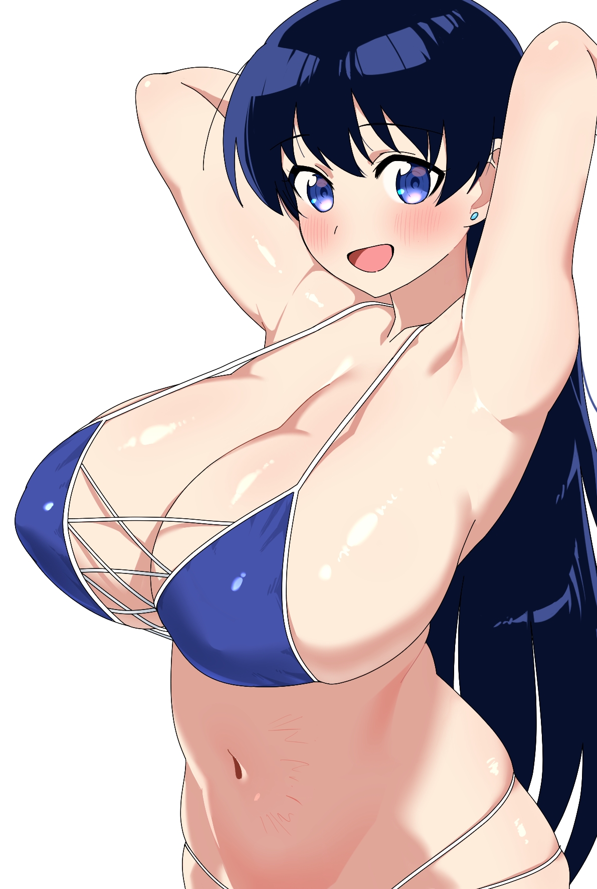 :d, arato nagi, armpits, arms up, bare arms, bikini, black hair, blue bikini, blush, breasts, cleavage, collarbone, commentary request, earrings, female, hair between eyes, highres, imiin, jewelry, large breasts, long hair, looking at viewer, navel, open mouth, presenting armpit, purple eyes, ruri no houseki, simple background, smile, solo, stud earrings, swimsuit, upper body, very long hair, white background