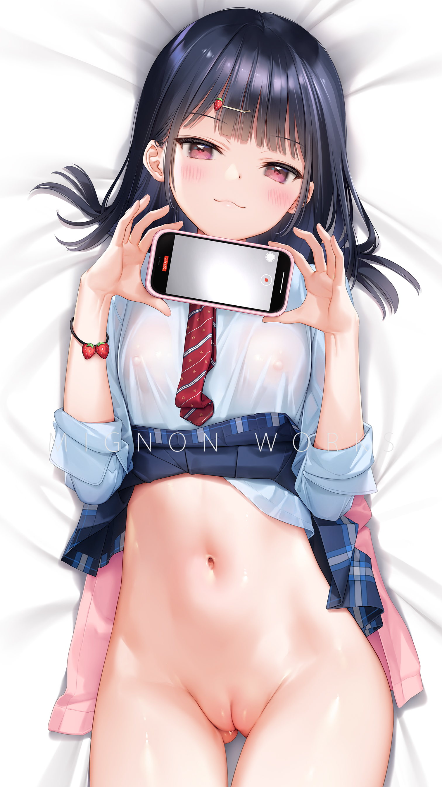 1girls, arms up, bed, black hair, blush, bottomless, breasts, confident, cute, female, female only, food themed hair ornament, hair ornament, hi res, ichigo-chan (mignon), jk x onaka #03, laying on bed, looking at viewer, mignon, mirror selfie, necktie, nipples, original, phone, phone in hand, puffy pussy, pussy, red eyes, school uniform, see-through, see-through clothing, selfie, skirt, skirt lift, small breasts, smile, solo, strawberry hair ornament, sweat, tagme, topless, uncensored, uniform