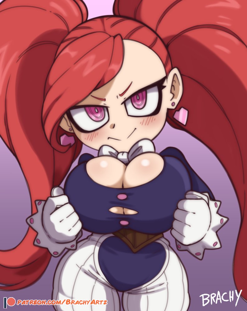 1girls, aiba manami, big breasts, blush, brachyzoid, breast focus, breasts, bursting breasts, cleavage, clothing, ear piercing, earrings, female, female only, hair, hands on breasts, heart earrings, hips, huge breasts, la brava (my hero academia), my hero academia, pink eyes, red hair, ribbon, shortstack, smile, solo, solo female, twintails