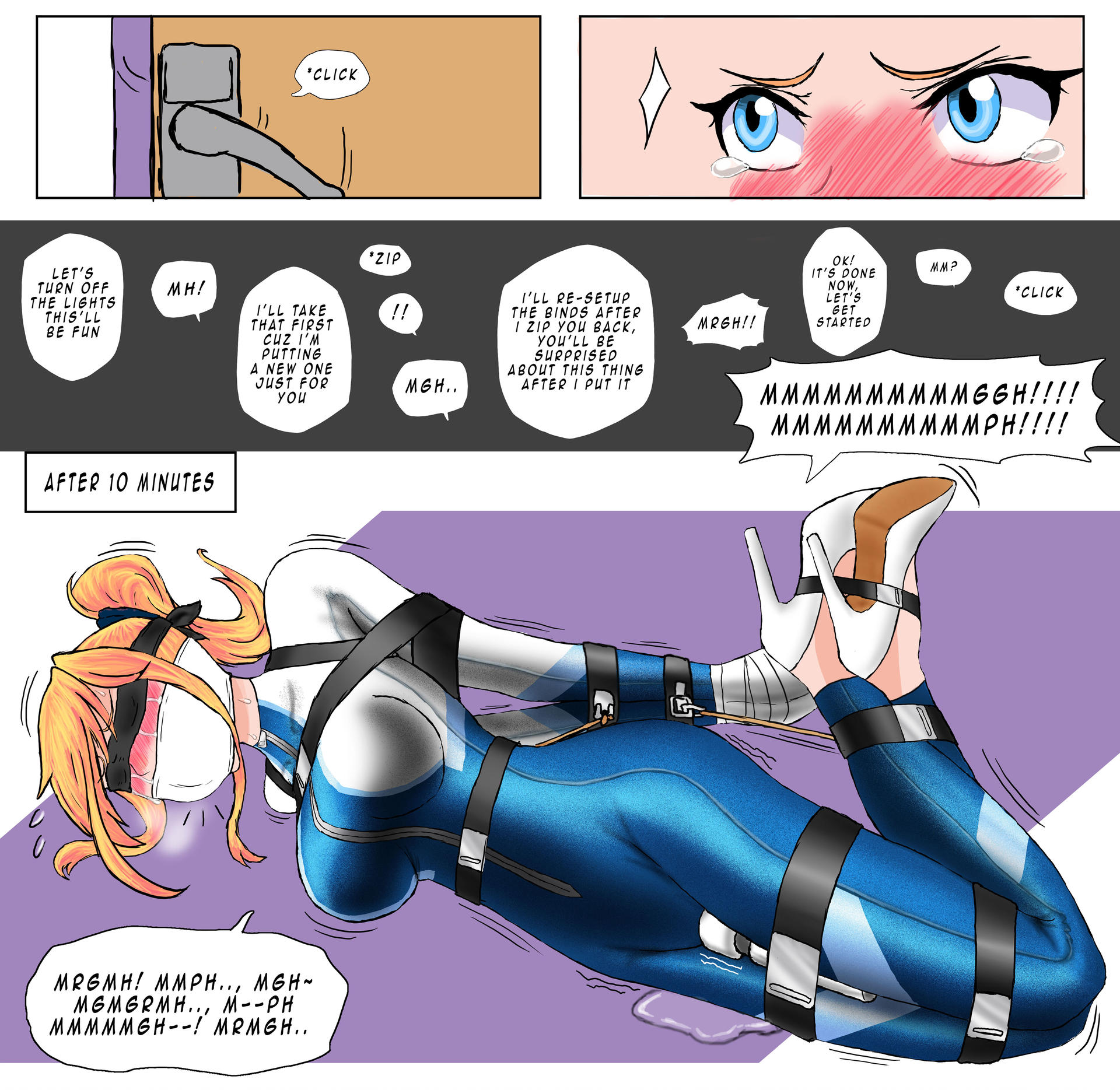 1girls, blindfold, blush, bodysuit, bondage, bound, comic, english text, female, forced orgasm, gag, gagged, high heels, hitachi magic wand, kidnapped, pussy, pussy juice, sweat, taped hands, tears, text, tied up, vibrating, vibrator