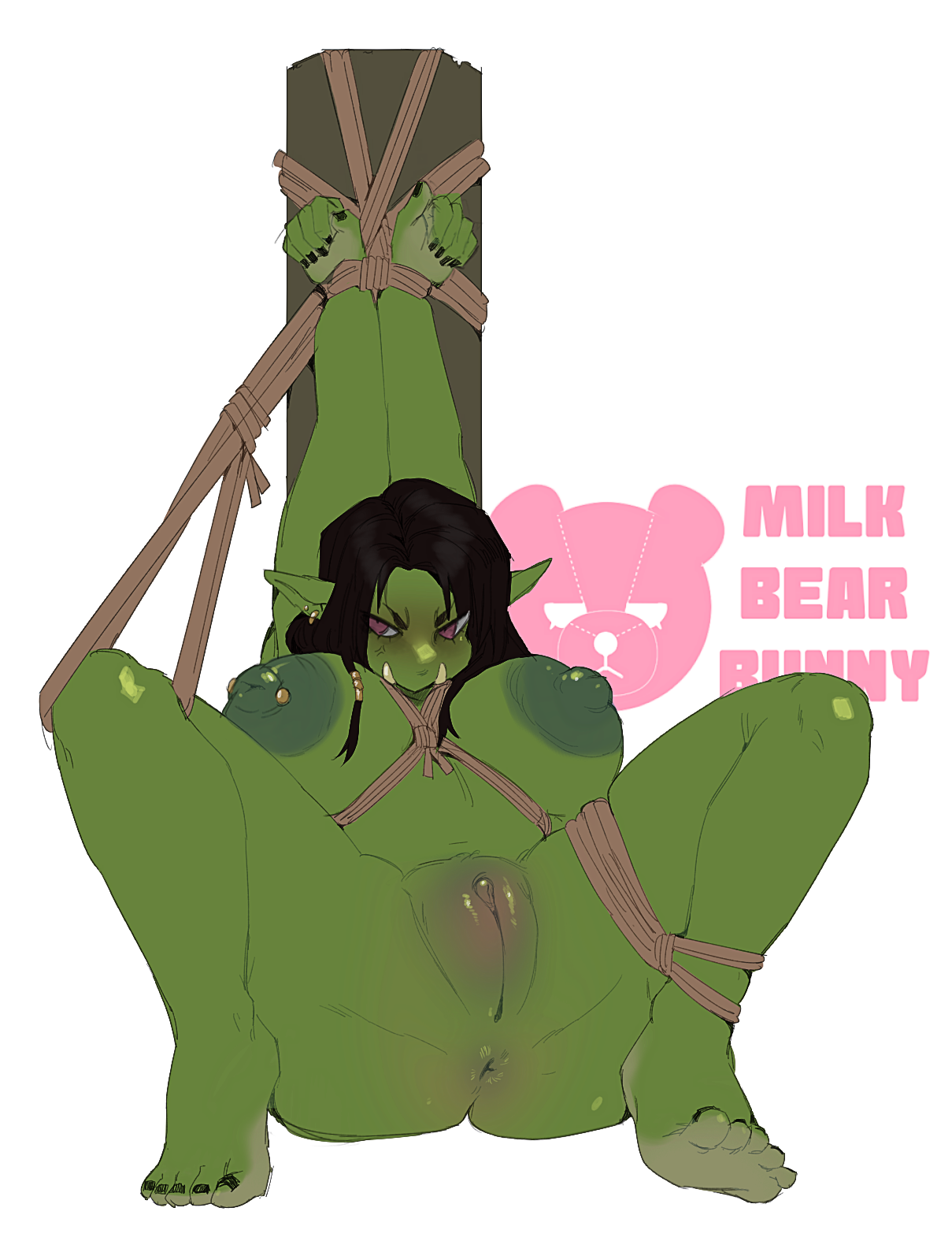 anus, arms above head, arms tied, big breasts, bondage, bound, breasts, clitoris, female, genitals, green body, green skin, hi res, humanoid, humanoid pointy ears, legs tied, milkbearbunny, nipple piercing, nipples, not furry, nude, nude female, nude humanoid, orc, piercing, plump labia, pointy ears, pork (milkbearbunny), presenting, presenting pussy, presenting vulva, pussy, restraints, rope, rope bondage, rope harness, simple background, solo, spread legs, spreading, submissive, submissive female, submissive humanoid, thick thighs, tusks, vulva, white background, wide hips