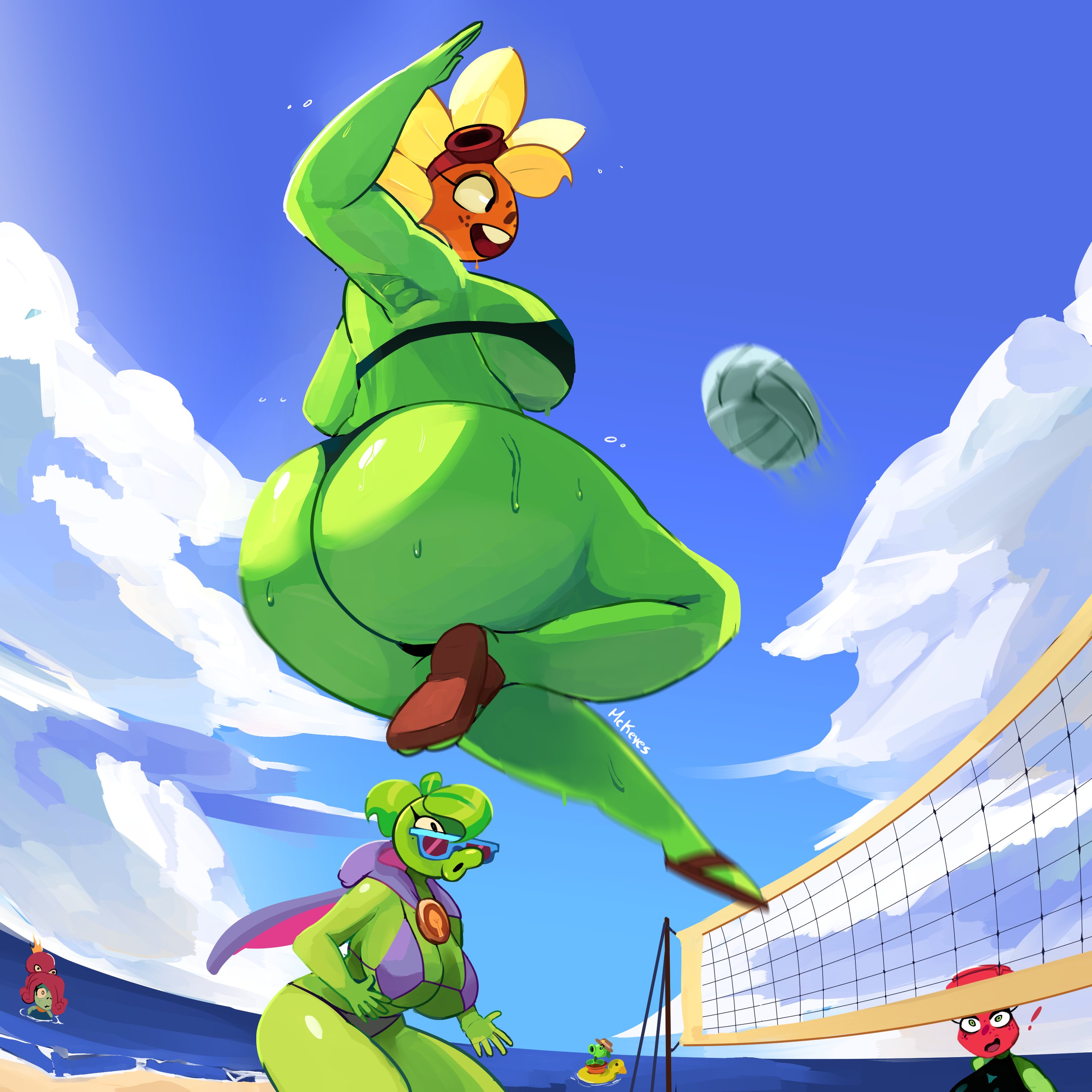 1girls, 4girls, anthro, anthrofied, ass, ass focus, ass sweat, beach, breasts, chicharito, female, flora fauna, goes hard, green shadow (pvz), mckeyes, neptuna (pvz), outside, peashooter (pvz), plant, plant girl, plant humanoid, plantie, plants vs zombies, plants vs. zombies, popcap games, pussy, rose (pvz), sewat, solar flare (pvz), string bikini, string panties, sunflower (pvz), sunglasses, sweatdrop, sweating, sweaty, sweaty body, volleyball