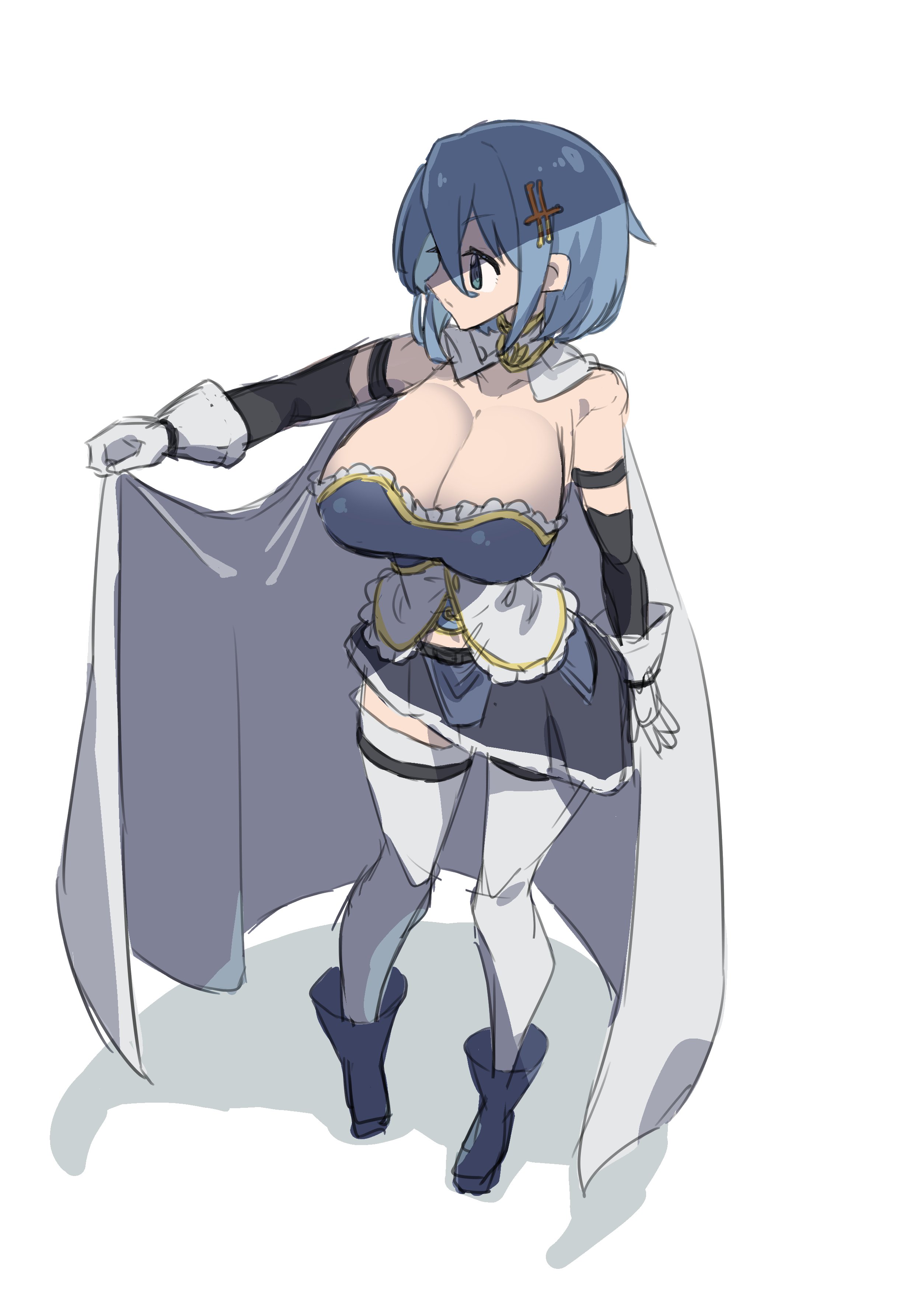 1girls, akan mori, blue eyes, blue hair, boots, breasts, cape, cleavage, female, female only, gloves, huge breasts, large breasts, light skin, light-skinned female, mahou shoujo madoka magica, miki sayaka, puella magi madoka magica, short hair, skirt, strapless top, thighhighs
