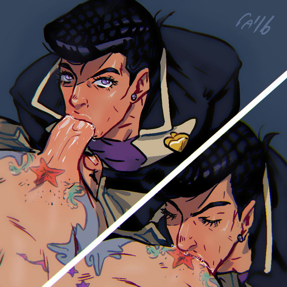 2boys balls_deep black_hair blowjob closed_eyes cock_gobble cock_hungry cum_hungry deepthroat diamond_is_unbreakable ear_piercing earring erection eye_contact eyelashes fellatio garikaliev gay giving_head going_down_on heart_pin incest jojo's_bizarre_adventure josuke_higashikata jotaro_kujo large_penis looking_at_viewer male male_only mouthful multiple_boys oral oral_sex pants_down penis penis_in_mouth pov pubic_hair pubic_tattoo purple_eyes shaved_pubes solo_focus sucking_off tattoo uncensored uncle_and_nephew veiny_penis yaoi