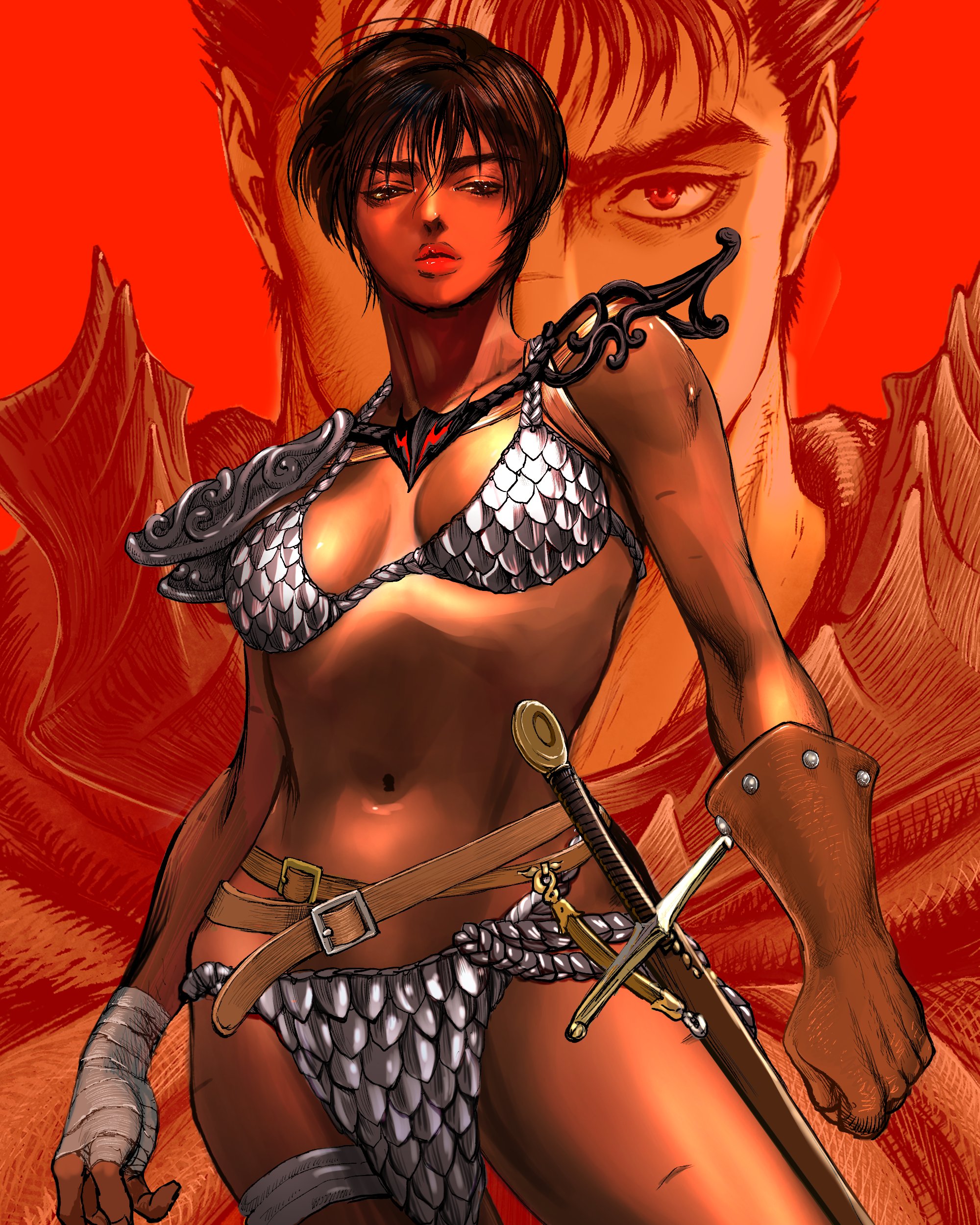1boy, 1girls, 4:5, alternate universe, berserk, breasts, brown hair, casca, cosplay, costume, dark skin, dark-skinned female, female, female focus, female torso, guts, guts (berserk), male, marvel, marvel comics, medium breasts, nisino, red sonja (comics), red sonja (cosplay), short hair, short-haired female, solo, solo female, solo focus, sword, tomboy, very short hair