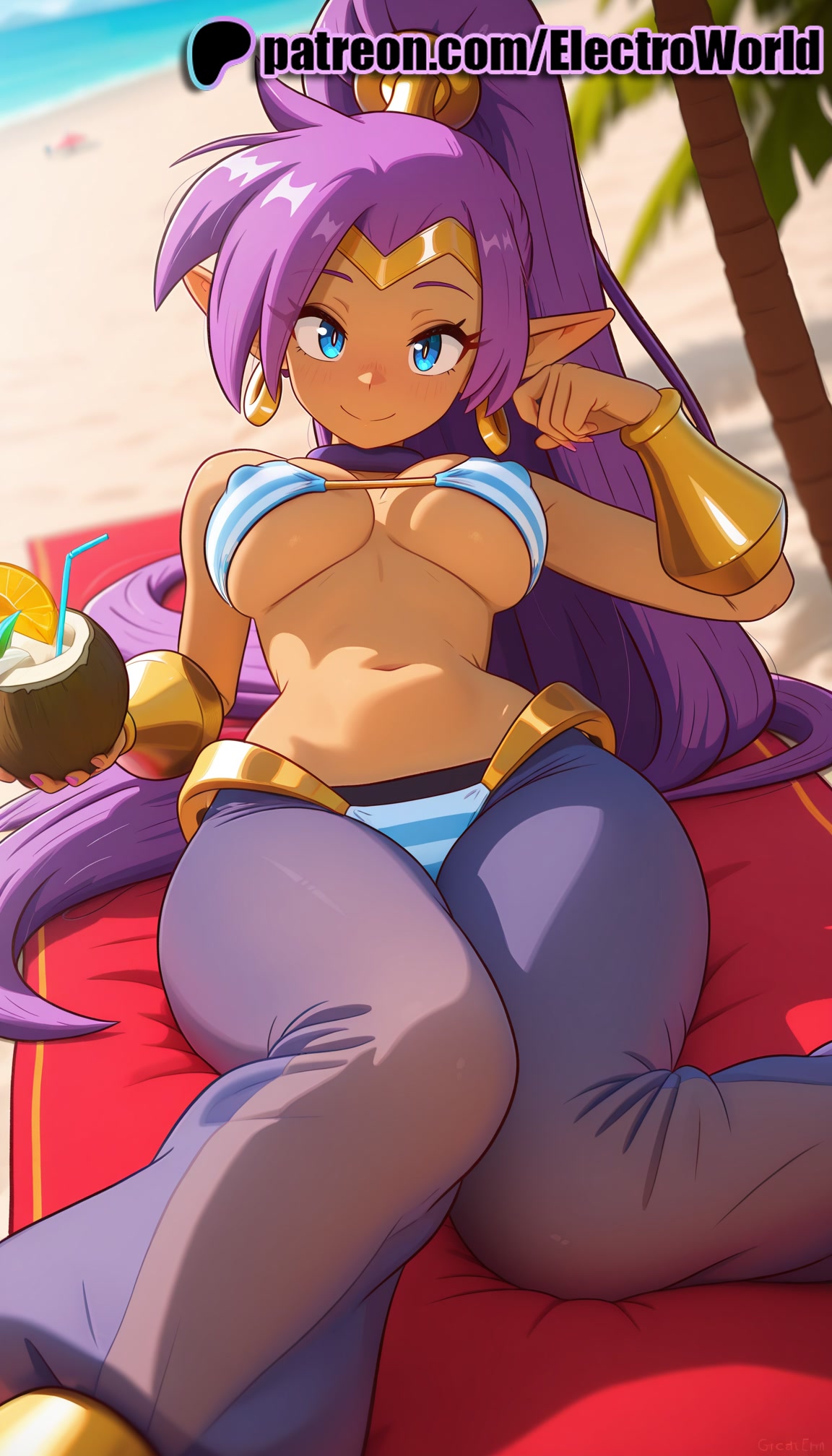 1girls, 2025, ai generated, artist name, average breasts, beach, blanket, blue eyes, blurry, blurry background, blush, breasts, breasts apart, burger, bust, chest, dark skin, dark-skinned female, day, earrings, electroworld, female, food, hi res, high quality, high resolution, highres, hoop earrings, jewelry, laying down, long hair, lying, lying on back, medium breasts, navel, normal breasts, ocean, on back, outdoors, pants, patreon, patreon username, pointy ears, purple hair, sand, shantae, shantae (character), smile, solo, stable diffusion, striped, striped bikini, swimsuit, underboob, very long hair, watermark
