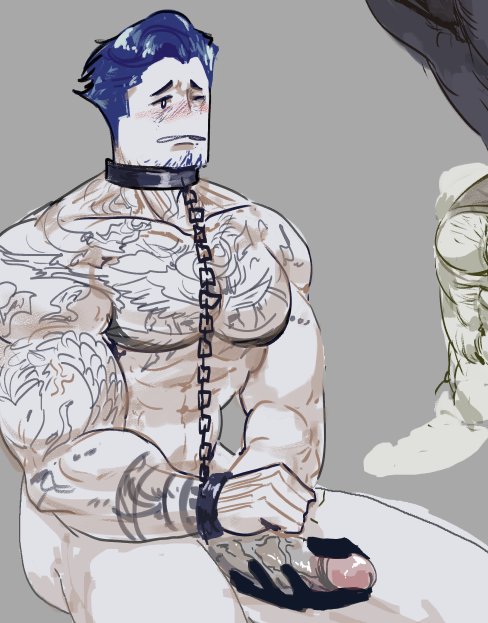 bara, blush lines, chained, chained collar, chained hands, erect penis, erection, facial hair, forsaken (roblox), gay, grabbing penis, guest (roblox), guest 1337 (forsaken), guest 1337 (the last guest), male, muscular, muscular male, nohomoexpress, on knees, penis, roblox, roblox game, robloxian, tattoos, veiny penis, yaoi