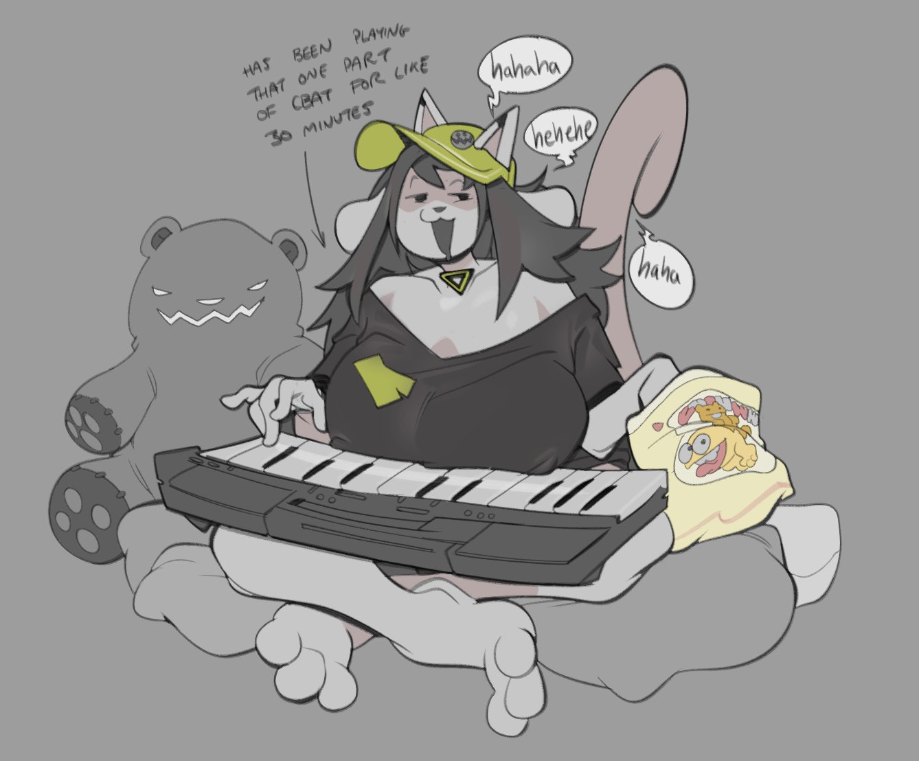 2025, 2d, 2d (artwork), 2d artwork, anthro, big breasts, big butt, bottomless, breasts, breasts bigger than head, canine, cap, cozy, edm, feline, female, furry, giggle, giggling, gray background, gray body, gray fur, gray hair, grey background, grey body, grey fur, grey hair, gummy (food), huge ass, huge breasts, legs crossed, long hair, long tail, looking to the side, loose clothes, loose shirt, messy hair, monster, muzzle, necklace, open mouth, paws, piano, piano keys, pillow, pillows, pin, playing music, plush, plush doll, plushie, shirt, simple background, simple shading, smug, smug expression, smug face, snacks, solo, submarine screw, tem, temmie, temmie (undertale), text, thick, thick thighs, undertale