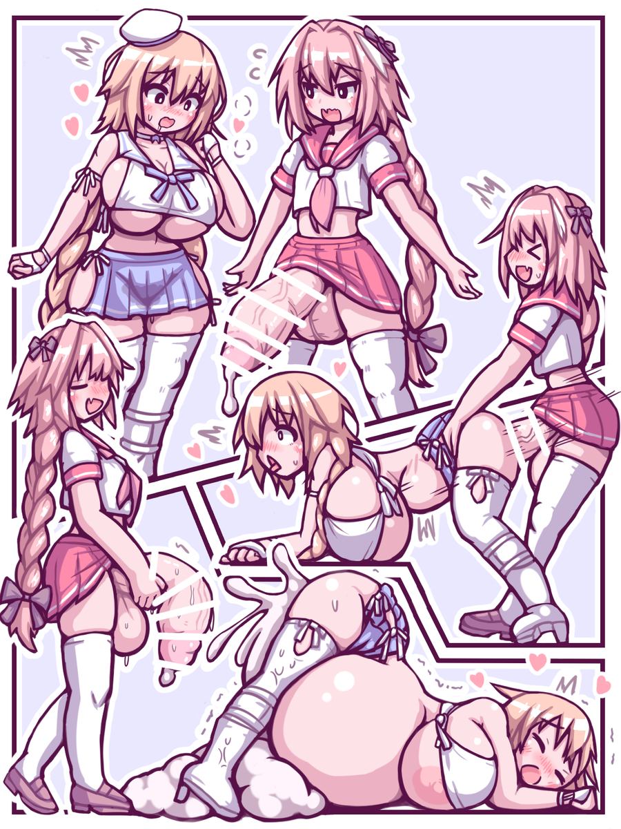1boy, 1girls, 2d, 57mm, ass, astolfo (fate), balls, big breasts, big penis, bigger female, breasts, censored, comic, cum, cum in pussy, cum inside, cumflation, cute, cute femboy, duo, fate (series), fate/grand order, female, femboy, femboy on female, femboy penetrating, heart, huge balls, huge breasts, huge cock, huge testicles, hyper cock, jeanne d'arc (fate), light-skinned female, light-skinned male, love, male, mature, mystery treasure, penis, pink hair, pussy, small but hung, stomach bulge, testicles