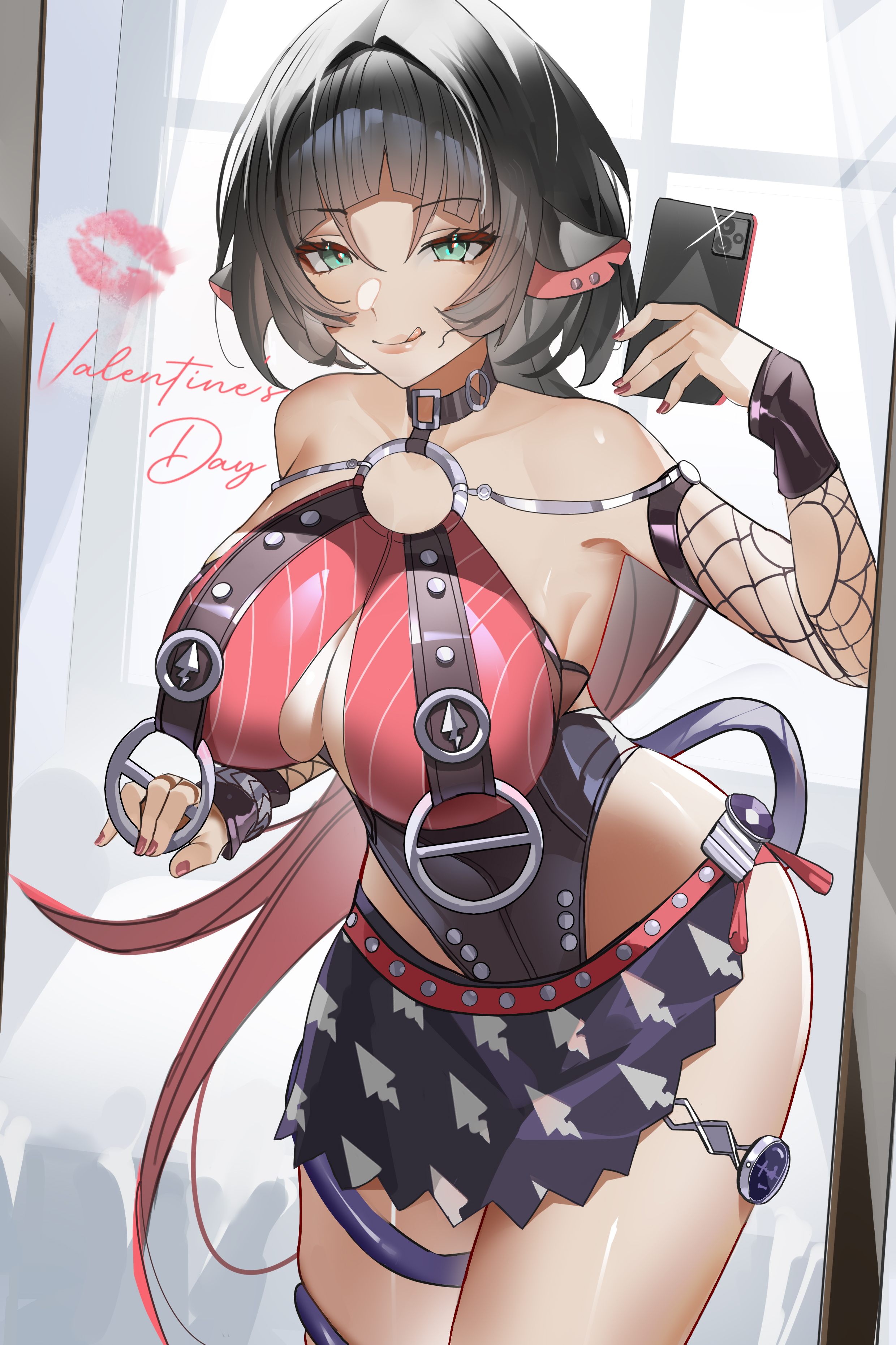 1girls, absurdres, animal ears, black hair, black one-piece swimsuit, black sarong, breasts, chinese commentary, commentary request, female, female only, fishnet sleeves, fishnets, green eyes, highres, holding, holding phone, jane doe (nocturne of light) (zenless zone zero), jane doe (zenless zone zero), large breasts, licking, licking lips, lipstick mark, long hair, mirror selfie, mouse ears, mouse girl, mouse tail, multicolored hair, official alternate costume, one-piece swimsuit, phone, red hair, sarong, selfie, solo, swimsuit, tail, thighs, tongue, tongue out, two-tone hair, two-tone one-piece swimsuit, valentine, very long hair, xiaojuan (user ezvt7287), zenless zone zero