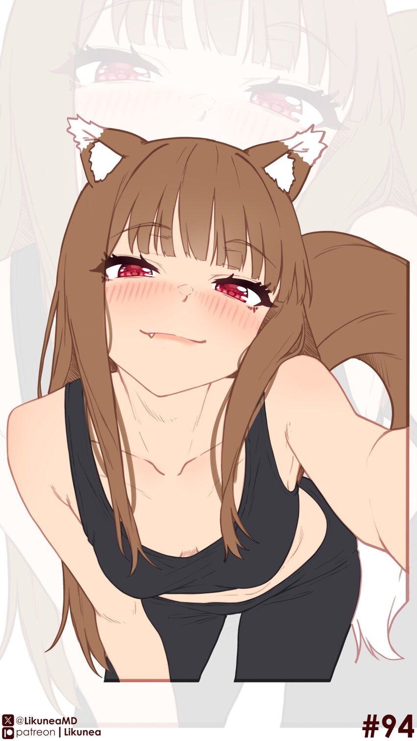 1girls, absurdres, animal ear fluff, animal ears, animal tail, bare shoulders, black pants, black sports bra, blunt bangs, blush, breasts, brown hair, brown-haired female, cleavage, closed mouth, collarbone, cute fang, fang, female, highres, hime cut, holo, kemonomimi, leaning forward, likunea, long hair, long-haired female, looking at viewer, pants, red eyes, red-eyed female, sidelocks, smile, solo, spice and wolf, sports bra, tail, wolf ears, wolf girl, wolf tail