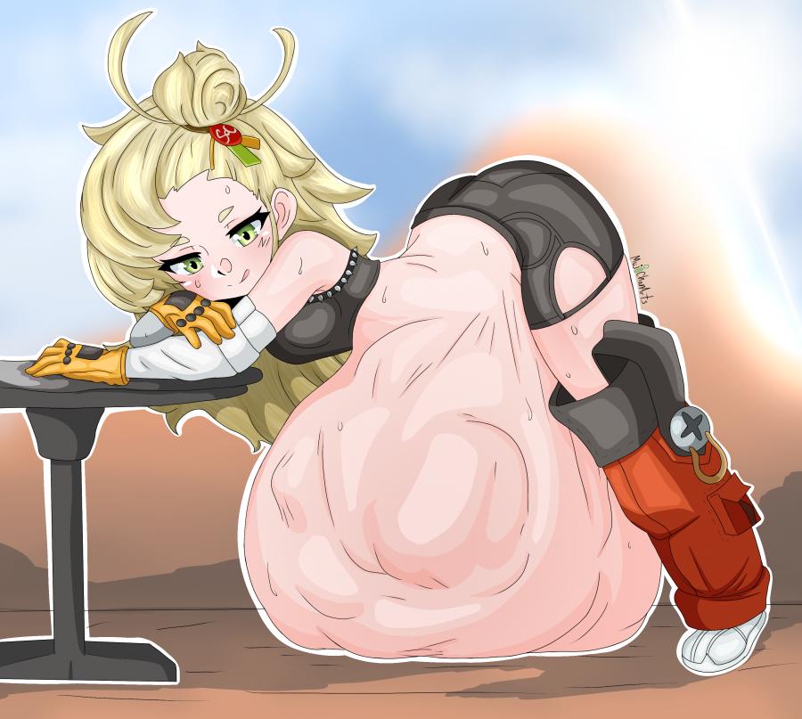 1girls, 2025, 2d, ambiguous prey, artist name, biker clothes, bloated belly, blonde hair, blurred background, boots, clothed, clothes, clothing, color, colored, digital media (artwork), female, female focus, gloves, green eyes, green-eyed female, hair, hair bun, hair ornament, hoyoverse, human, human only, human pred, hyper, hyper belly, large belly, leaning forward, leaning on table, licking lips, light skin, light-skinned female, long hair, long-haired female, looking at viewer, mihoyo, mujichanarts, piper wheel, predator, prey, prey bulge, prey outline, prey shaped bulge, same size vore, shoes, shorts, side view, smug pred, table, tank top, vore, vore belly, zenless zone zero