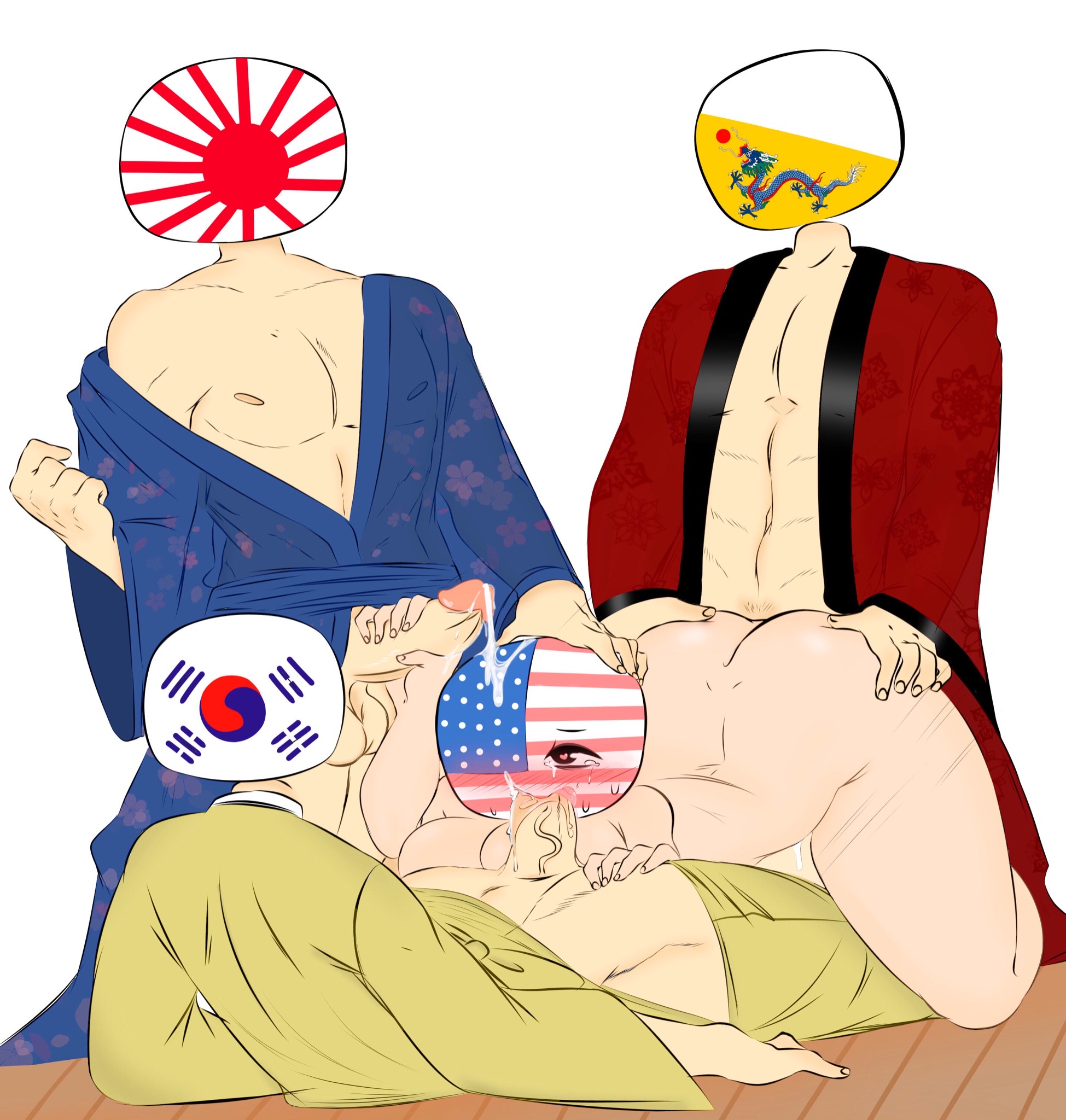 abs, asian male, ass, balls, big ass, blush, blushing, chest, china (countryhumans), countryhumans, countryhumans girl, cum, cum on head, dick, female, femboy on female, flawsy, green clothing, japan (countryhumans), japanese empire (countryhumans), korean empire (countryhumans), male, nude female, oral sex, penis, qing dynasty (countryhumans), robe, south korea (countryhumans), sucking off, sucking penis, united states of america (countryhumans), vein, white background, wood table