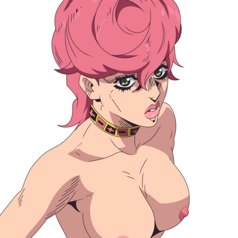 breasts, choker, collar, collarbone, female, green eyes, large breasts, nipples, pasties, pink hair, short hair, solo, trish una, za warudo