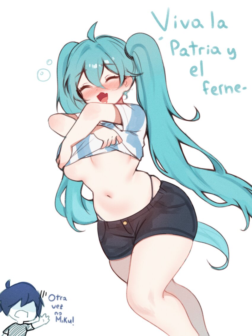 1boy, 1girl, 1girls, ahoge, aqua hair, argentinian miku, black shorts, blue hair, blush, breasts, closed eyes, clothes lift, denim, drunk, english text, fang, female, hair between eyes, hatsune miku, highleg, highleg panties, jersey, large breasts, long hair, male, medium breasts, navel, open mouth, panties, shirt, shirt lift, short shorts, shorts, simple background, skin fang, skindentation, skyaboveme, smile, soccer uniform, spanish text, striped, striped shirt, thighs, twintails, underboob, underwear, undressing, very long hair, vocaloid, white background