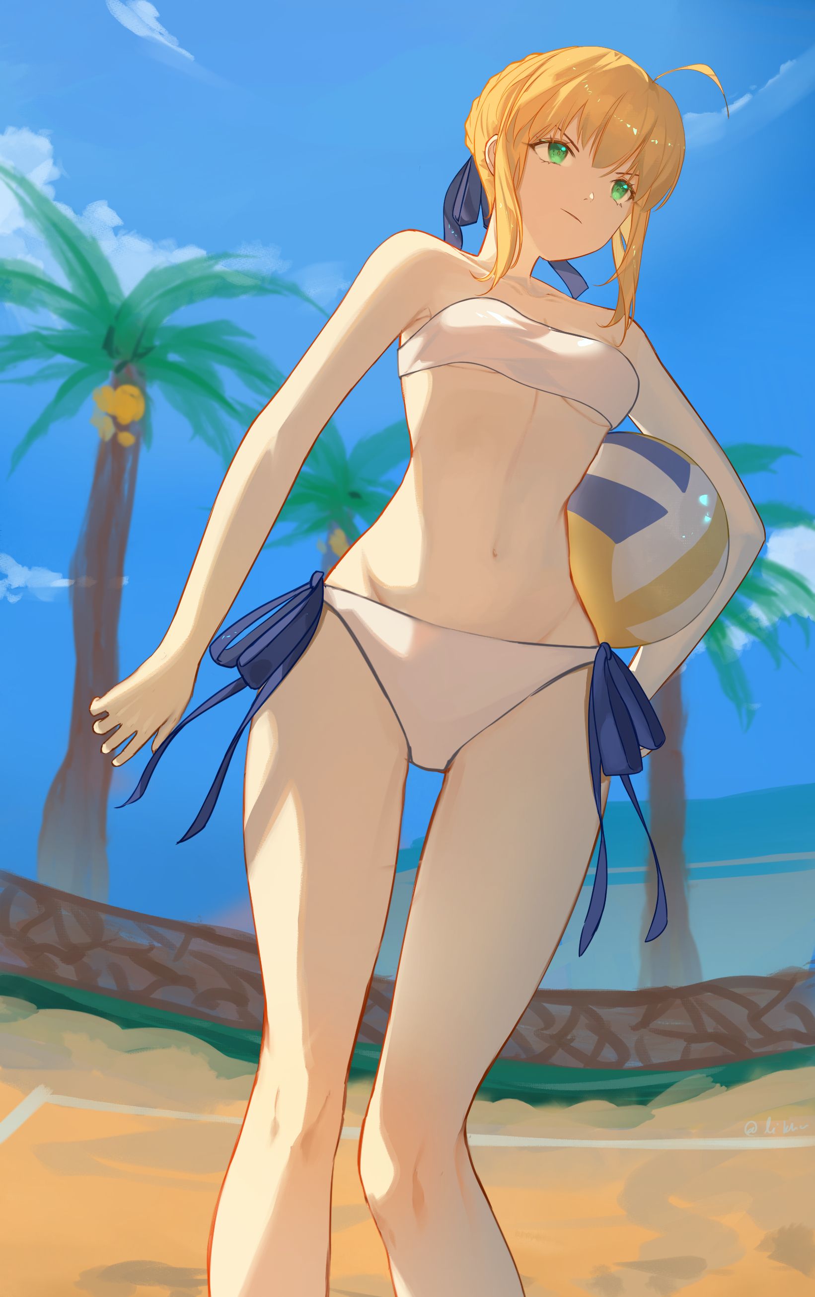 1girls, ahoge, ball, bare arms, bare belly, bare chest, bare hands, bare hips, bare knees, bare legs, bare midriff, bare navel, bare shoulders, bare skin, bare thighs, belly, belly button, bikini, bikini bottom, bikini only, bikini top, blonde eyebrows, blonde female, blonde hair, blonde-haired female, blue background, blue hair ribbon, blue hair tie, blue ribbon, blue sky, braid, braided bun, braided hair, braids, breasts, clouds, collarbone, day, daylight, daytime, digital, digital art, digital drawing, digital drawing (artwork), digital media, digital media (artwork), exposed arms, exposed belly, exposed chest, exposed hips, exposed legs, exposed midriff, exposed navel, exposed shoulders, exposed skin, exposed thighs, fate (series), fate/grand order, female, female focus, female only, fingers, frown, frown eyebrows, frowning, green eyes, green-eyed female, groin, hair between eyes, hair ribbon, hair tie, high resolution, highres, inframammary fold, inguinal crease, inguinal ligament, lean figure, li kha, linea alba, midriff, narrow waist, navel, outdoor, outdoors, outside, petite, petite body, petite breasts, petite female, petite tits, ribbon, saber, short hair, shoulders, side-tie bikini, sidelocks, sky, slender body, slender waist, slim waist, small breasts, solo, standing, stomach, string bikini, swimsuit, swimwear, thigh gap, thighs, upper body, volleyball, volleyball (ball), wide hips, yellow eyebrows, yellow hair, yellow-haired female