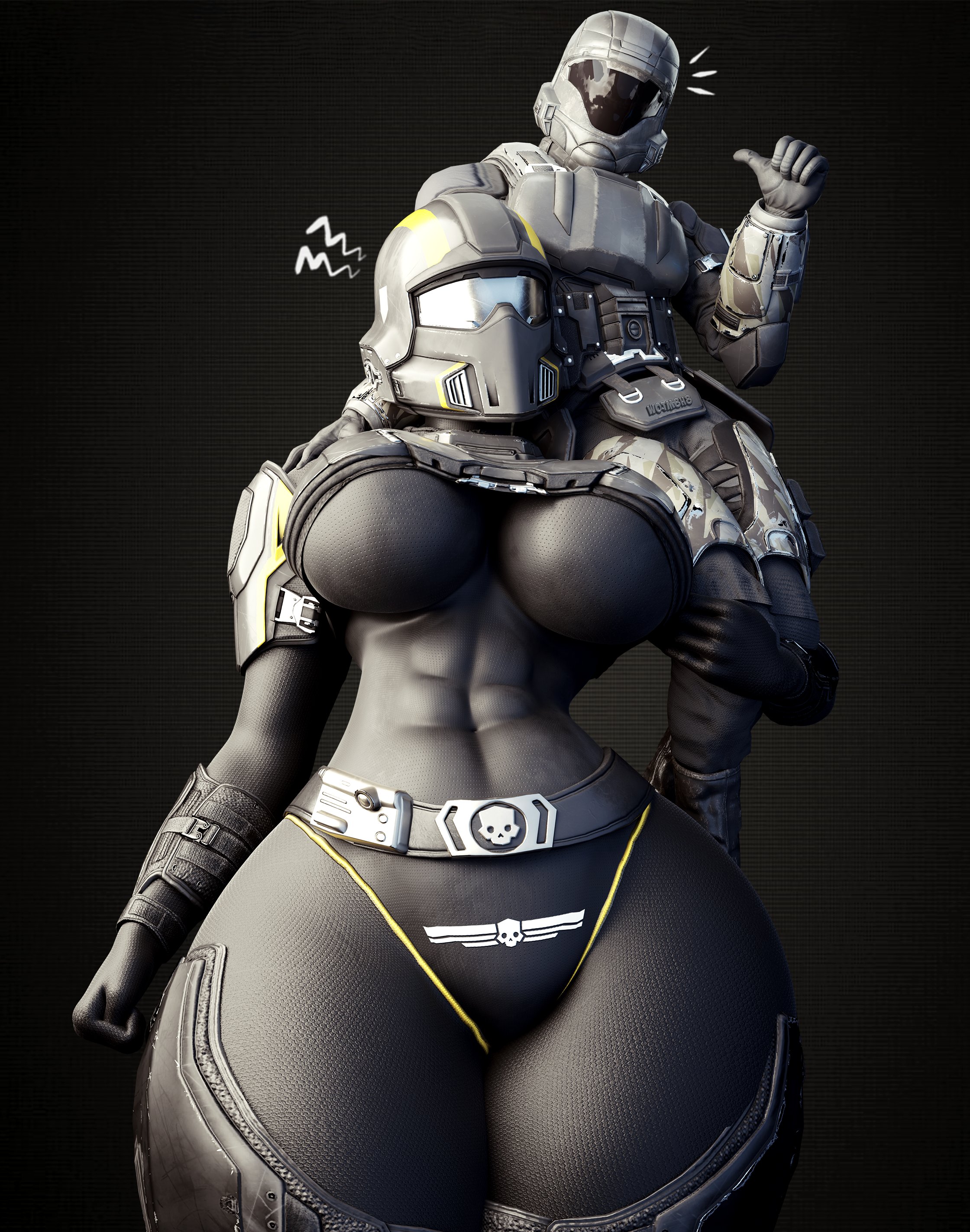 3d, 3d (artwork), abs, athletic, athletic female, big breasts, breasts, carrying, carrying another, carrying partner, clothed, clothed female, clothed male, crossover, female, female focus, giant female, giant woman, giantess, halo (series), helldiver (helldivers), helldivers, helldivers 2, helmet, hips, large boobs, large breasts, male, muscular, muscular female, odst, thick thighs, thighs, toned, toned female, wide hips, wotm8h8
