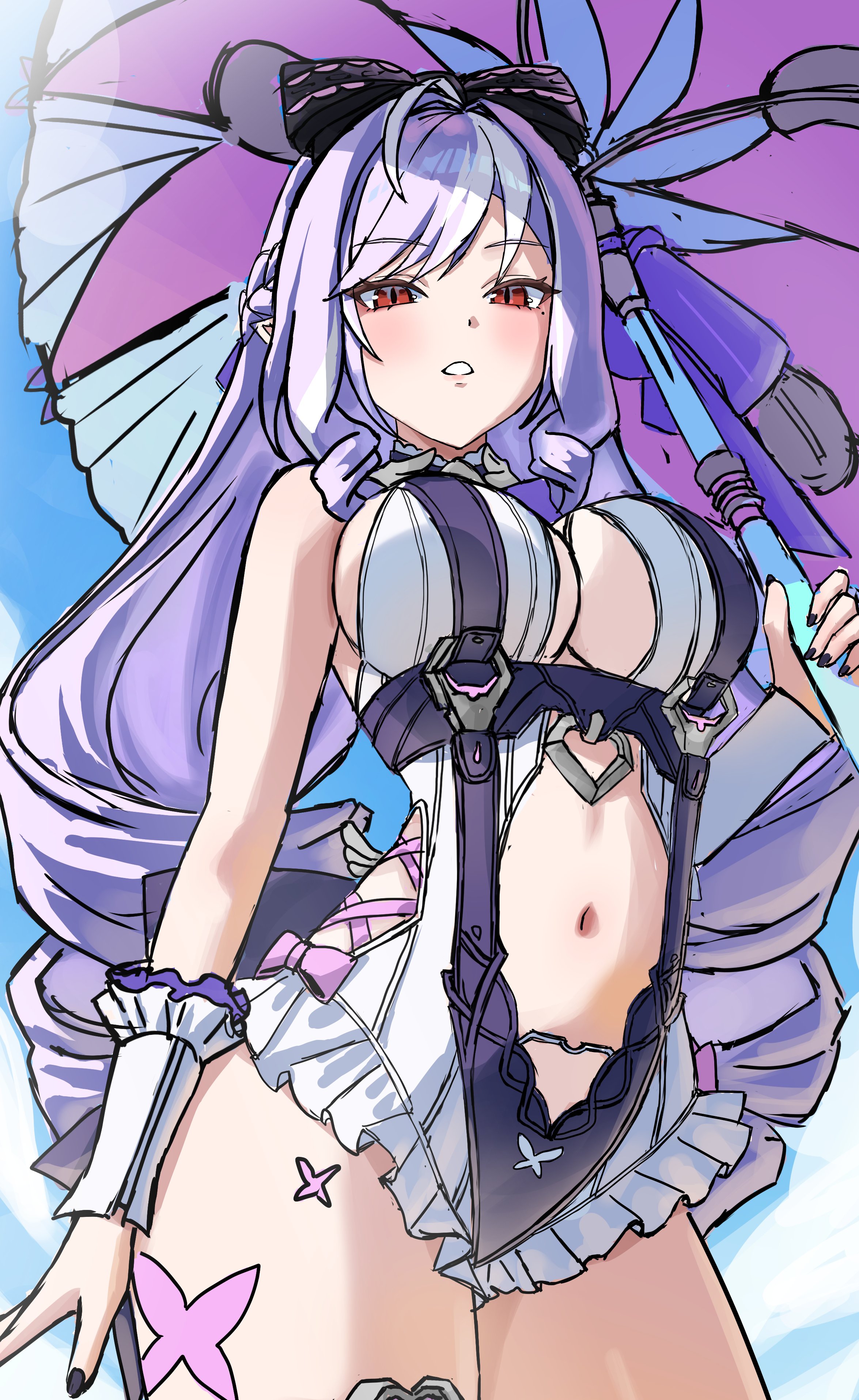 absurd res, beach umbrella, breasts, butterfly, butterfly tattoo, female, hoyoverse, large breasts, looking down, mihoyo, momichi, official alternate costume, purple hair, red eyes, sideboob, swimsuit, umbrella, vivian banshee, vivian banshee (iris of the shore), zenless zone zero