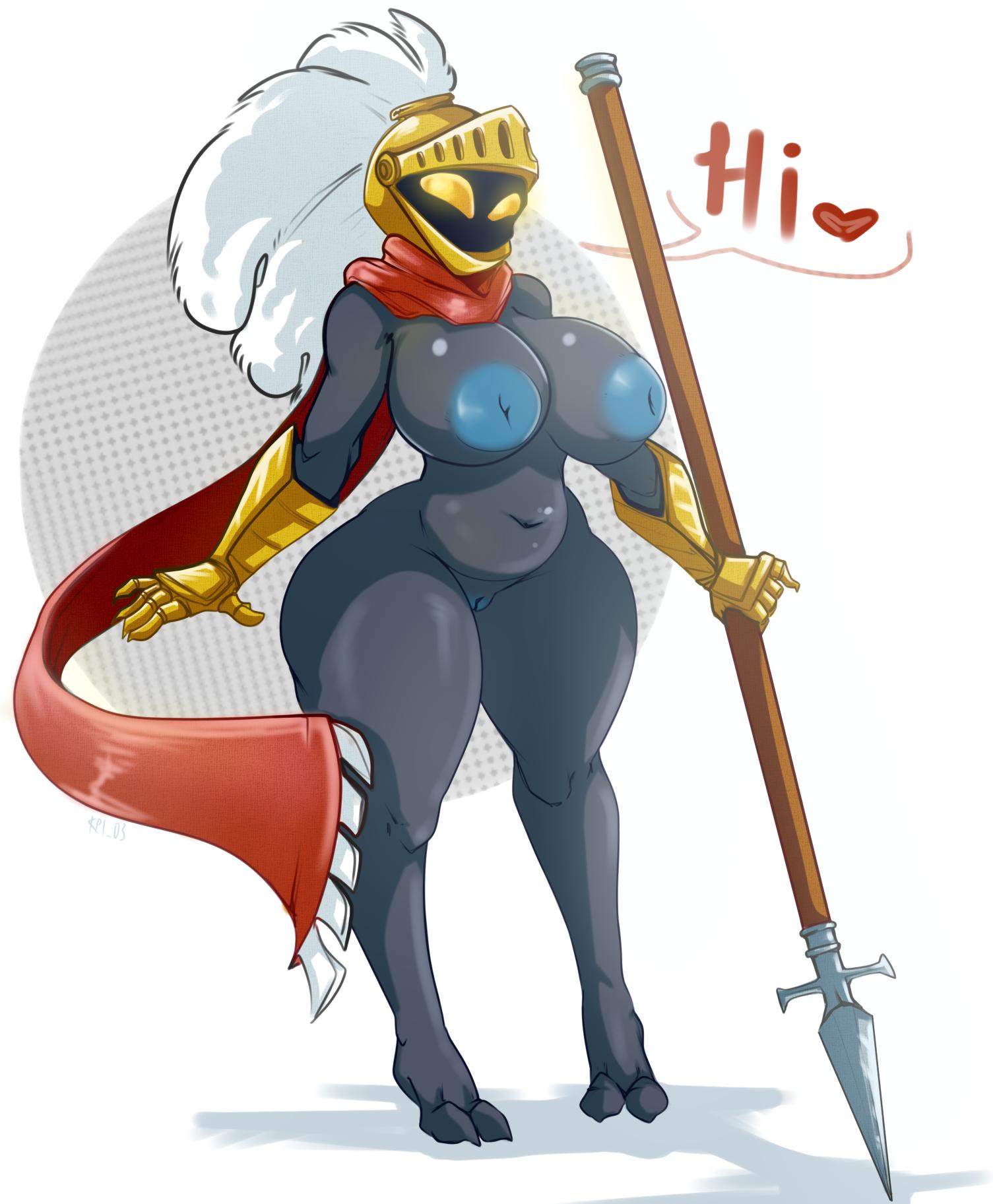 2019 armor big_breasts blue_nipples breasts clothing dialogue english_text female gauntlets gloves glowing glowing_eyes headgear heart helmet hi_res humanoid inverted_nipples karakylia melee_weapon navel nipples nude polearm pussy scarf simple_background solo spear spiral_knight spiral_knights text thick_thighs video_games weapon wide_hips yellow_eyes