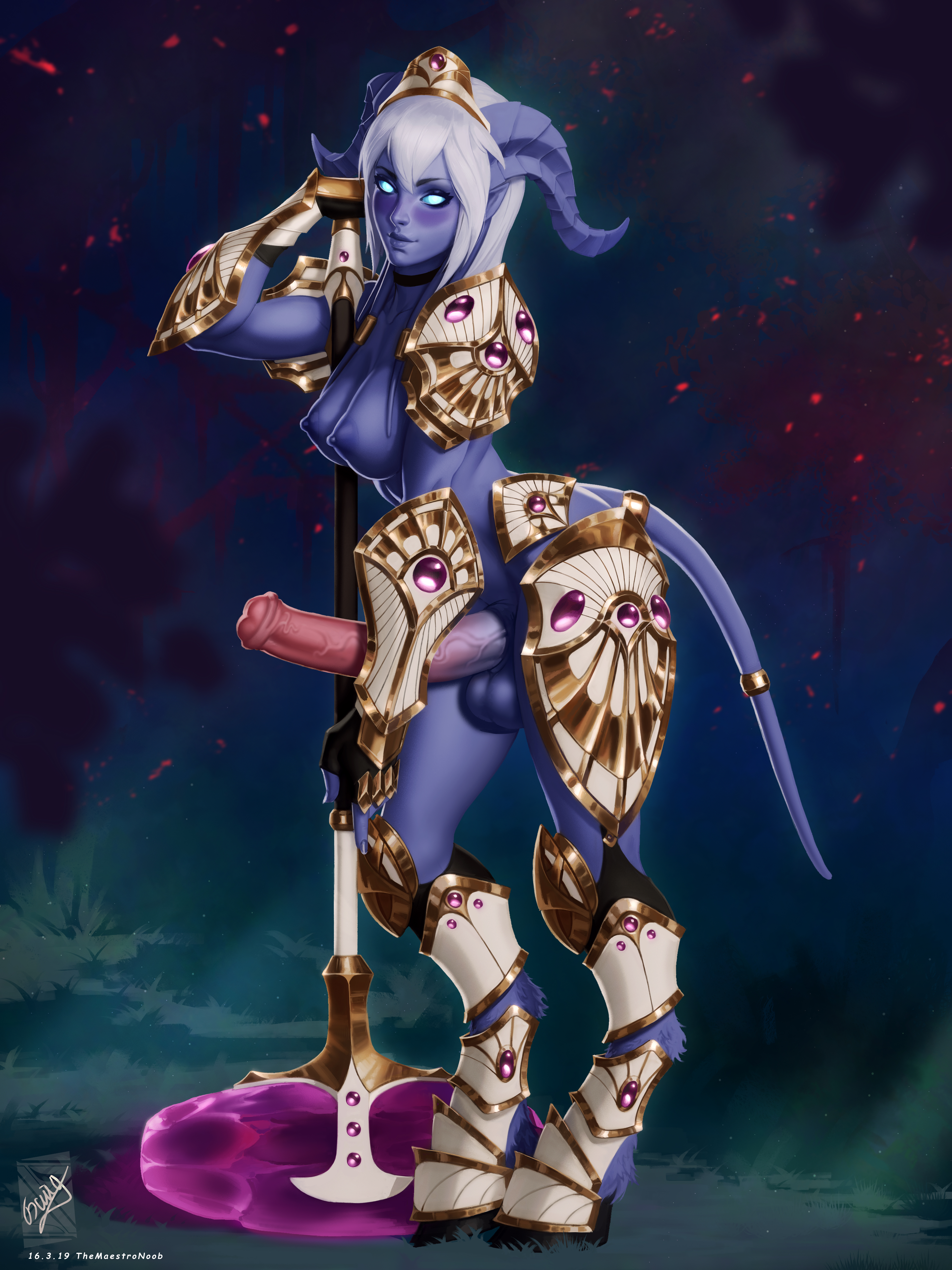 1futa, animal genitalia, animal genitalia on humanoid, animal penis, areolae, armor, balls, blizzard entertainment, blue eyes, blue skin, breasts, curvy, dark skin, dark-skinned futa, draenei, embarrassed nude futa, equine penis, erect nipples, erection, futa only, futa sans pussy, futanari, glowing eyes, hooves, horns, horsecock, horsecock on humanoid, hyper, hyper penis, intersex, large balls, large breasts, nipples, nude, penis, pink penis, solo, standing, tail, testicles, themaestronoob, weapon, white hair, wide hips, world of warcraft, yrel