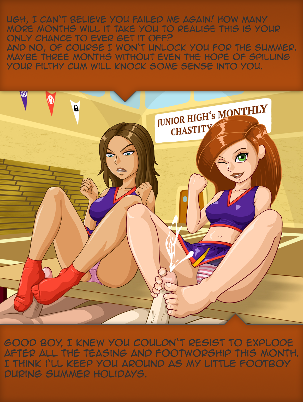 2boys, 2girls, ankle socks, anklehighs, bonnie rockwaller, brown hair, cheerleader, cheerleader uniform, clothing, cum, cumshot, denial, dialogue, disney, ejaculation, english text, feet, female, femdom, femdom caption, foot fetish, footjob, green eyes, kim possible, kimberly ann possible, male, midriff, multiple boys, multiple females, multiple girls, multiple males, orgasm denial, panties, penis, pink panties, pink striped panties, red socks, schoolgirl, skirt, socks, striped panties, submissive male, text